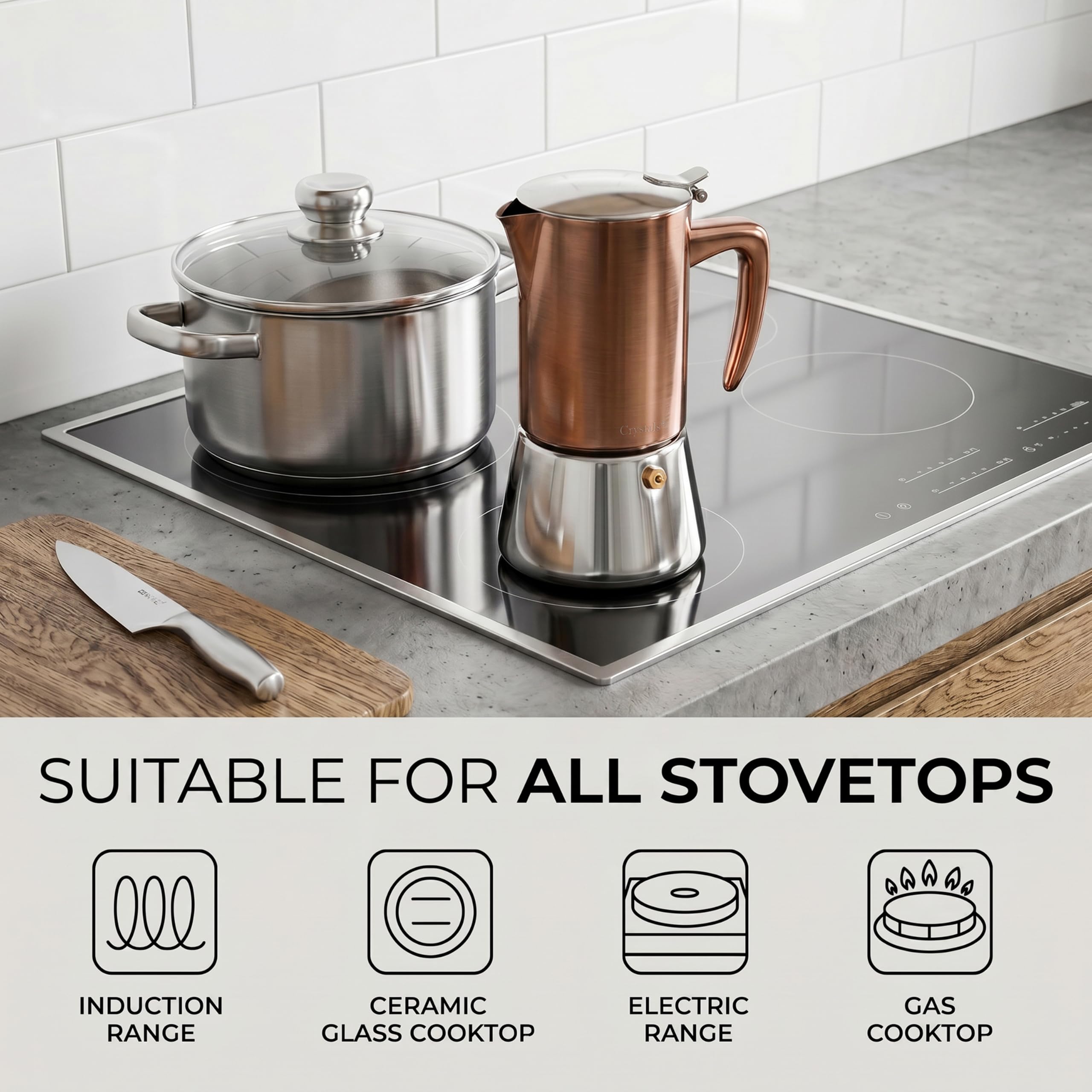 Crystals Cafetera espresso de acero inoxidable con acabado de cobre, olla Moka de 6 tazas (300 ml), cafetera italiana para inducción, cocinas de gas y eléctricas, percolador de espresso con válvula de