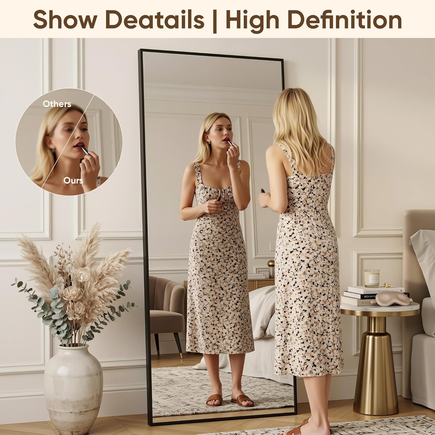 Antok 86''x46'' Full Length Mirror, Shatterproof HD Oversized Floor Mirror with Stand, Aluminum Alloy Frame Leaning Standing or Wall Mounted Mirror for Bedroom Living Room Entryway, Black