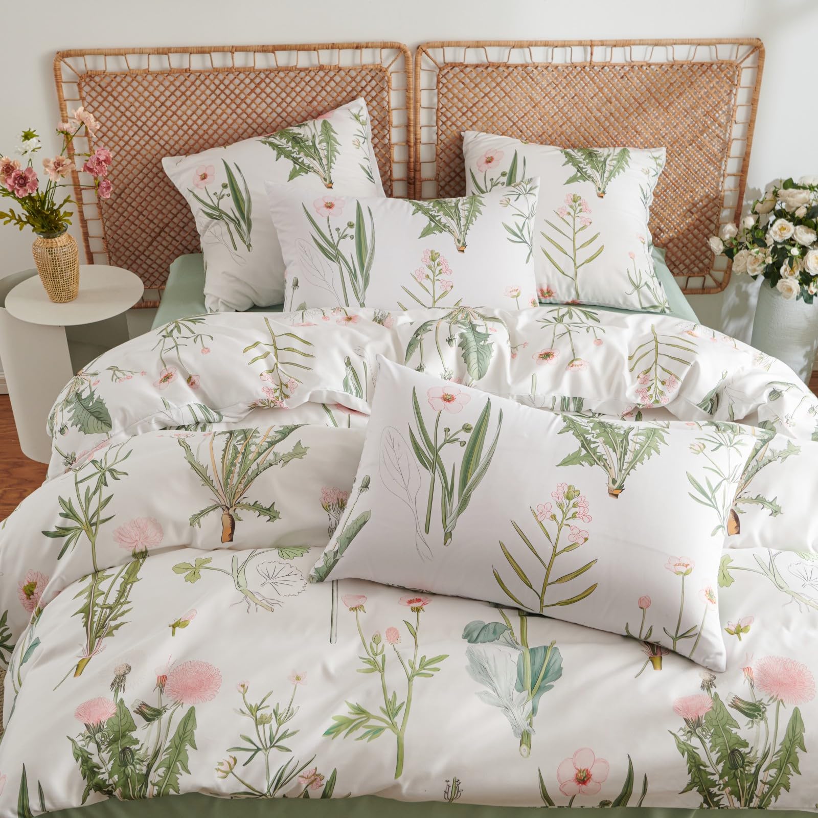 Tospass Floral Bettwäsche 135x200cm Rosa Blumen Pflanzen Blätter Bettwaren-Sets Mädchen Blumenmuster Bettbezug Mikrofaser Deckenbezug mit Reißverschluss 1 Kissenbezug 80x80cm