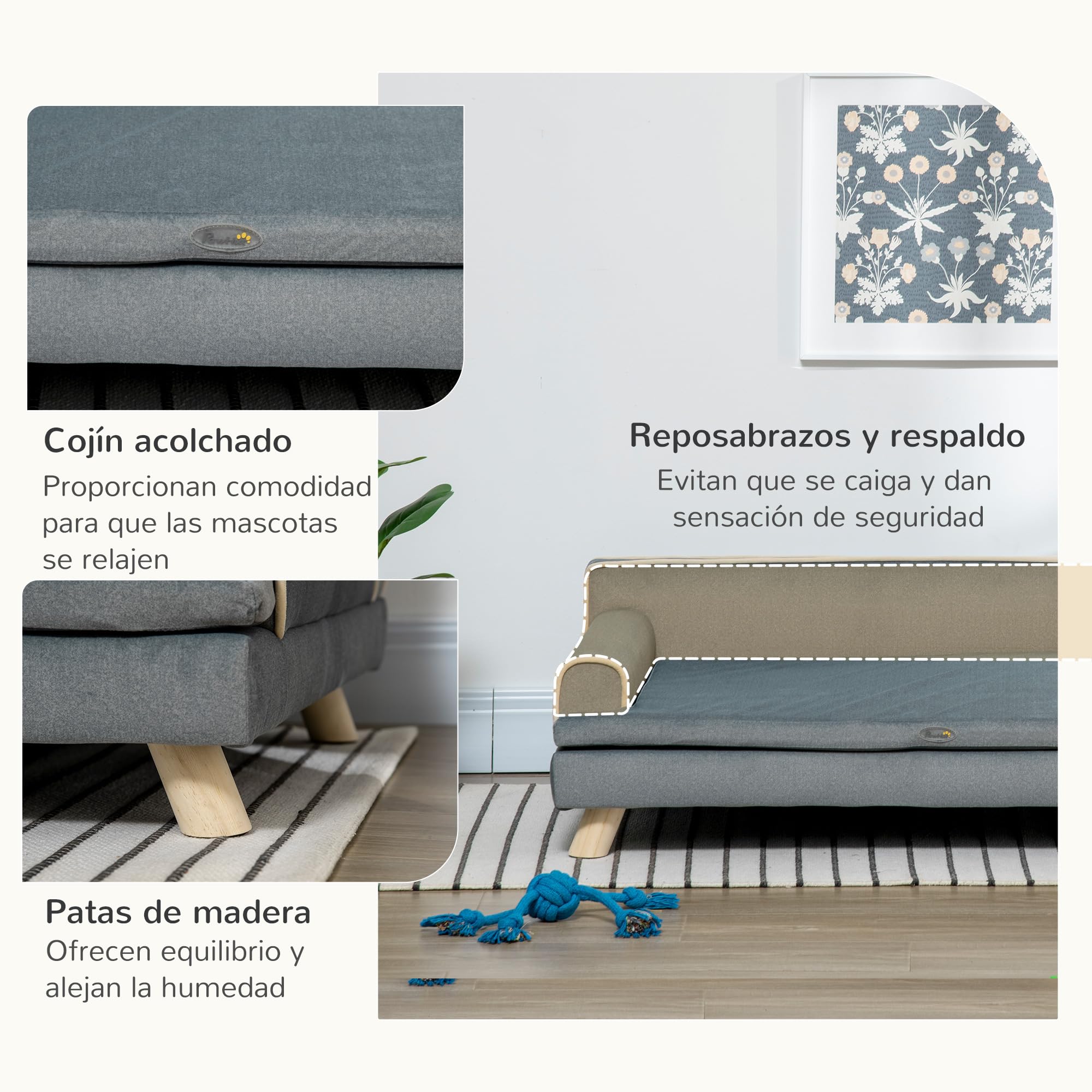 PawHut Sofá para Perros Grandes y Medianos, 100x62x32 cm, Cama Elevada para Perros, Tapizada en Chenilla, con Cojín Lavable y Patas de Madera de Pino, Gris Oscuro