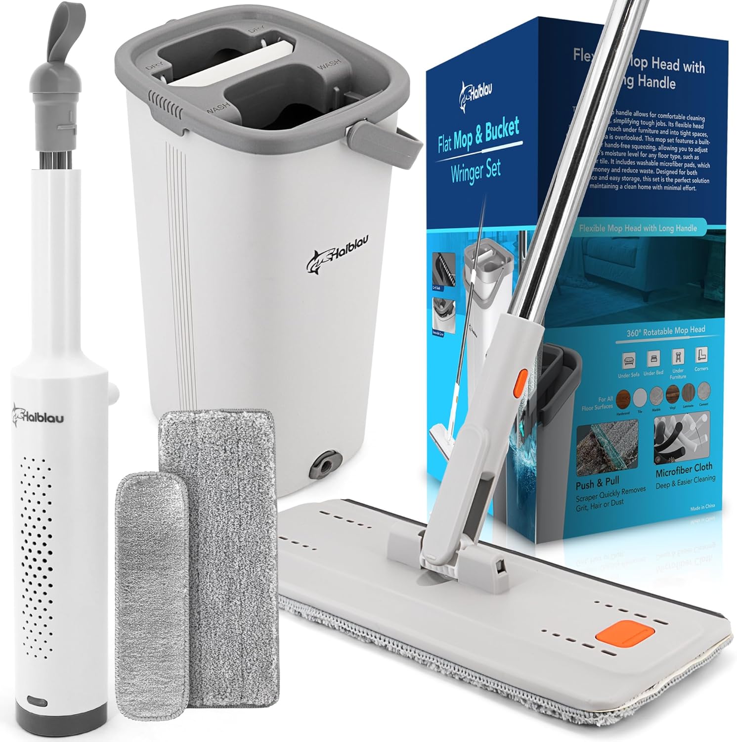 Juego de trapeador plano y escurridor de cubo con mini trapeador automático, limpiador portátil de mano en húmedoseco con almohadillas de