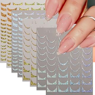 8 Sheets French Tip Nail Art Stickers 3D Self-Adhesive Gold Laser Stripes French Line Transfer Decals Curved Lines Nail Art Designs Glitter Guides Stripe Manicure Accessories for Women DIY Nail Decor