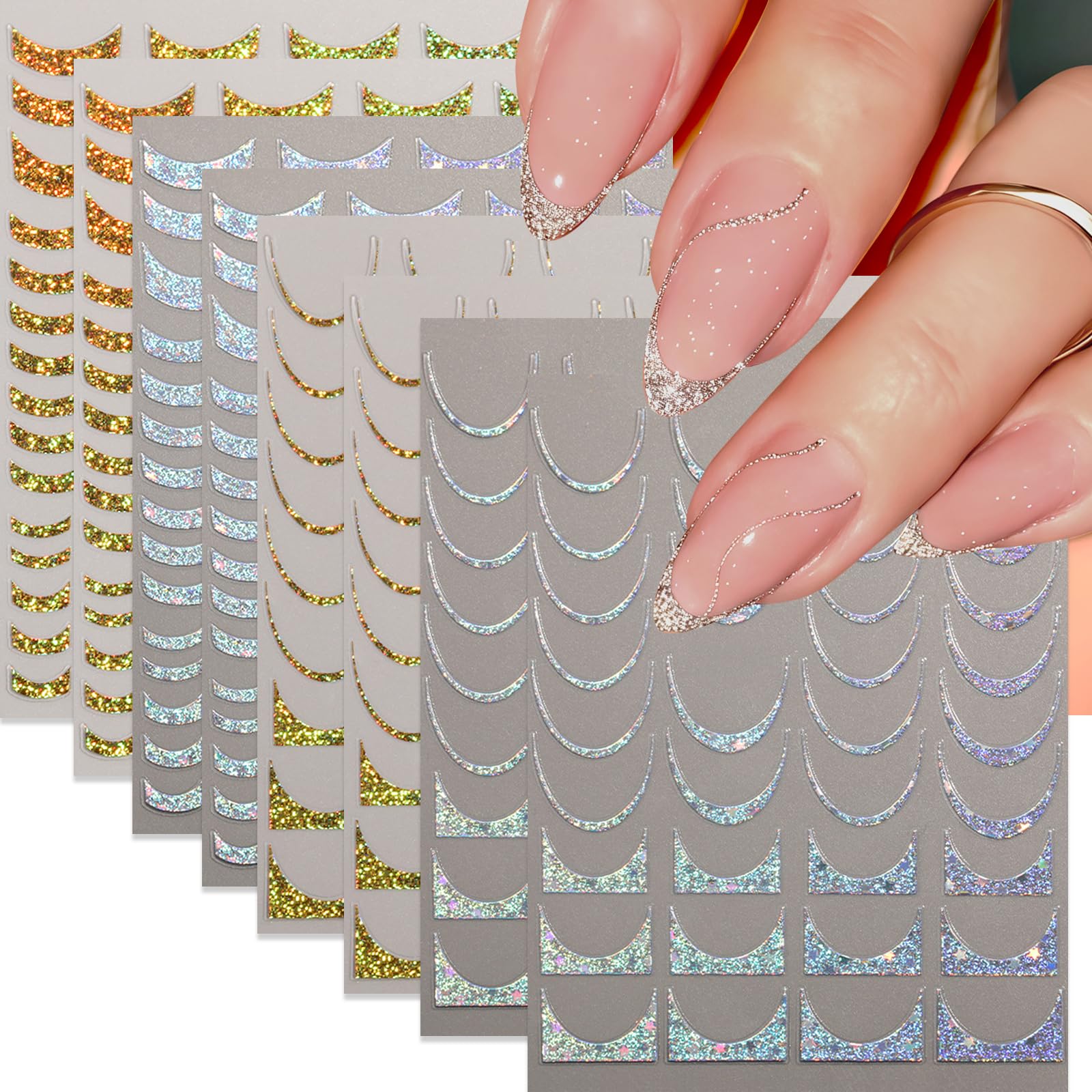 8 Sheets French Tip Nail Art Stickers 3D Self-Adhesive Gold Laser Stripes French Line Transfer Decals Curved Lines Nail Art Designs Glitter Guides