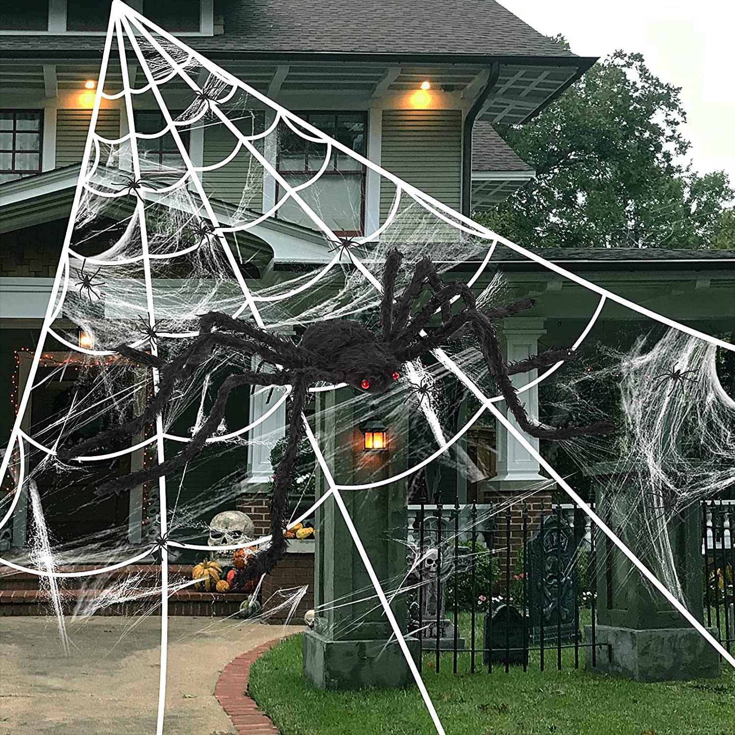 Qualihome Black-V Halloween Giant Spider Web Decorations, Giant 35In Black Spider + 200'' Triangular Giant Spider Web, Indoor Outdoor Scary Haunted House Spider Web For Halloween Outdoor Yard Decoration