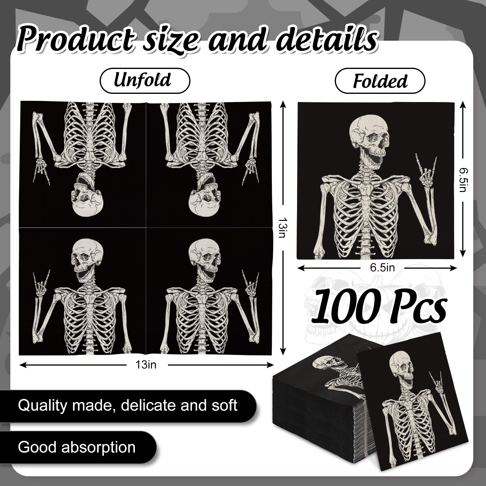 JarThenaAMCS 100 servilletas de papel de Halloween con diseño de esqueleto sonriente, servilletas negras para cena, servilletas de mano para el hogar, fiesta, decoración de mesa