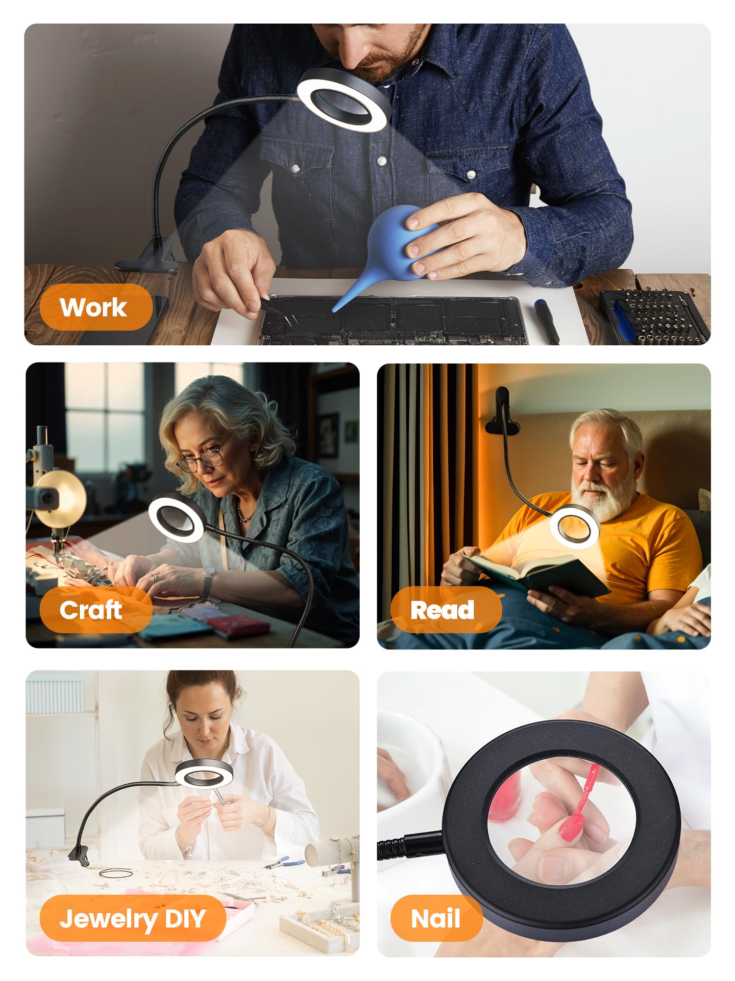 Lupa de 10 aumentos con luz, 3 colores + lámpara de lectura de 10 brillo, lupa de 58 LED con luz, lupa iluminada de 750 lúmenes para leer, lámpara de clip para escritorio, cama, trabajo, uñas
