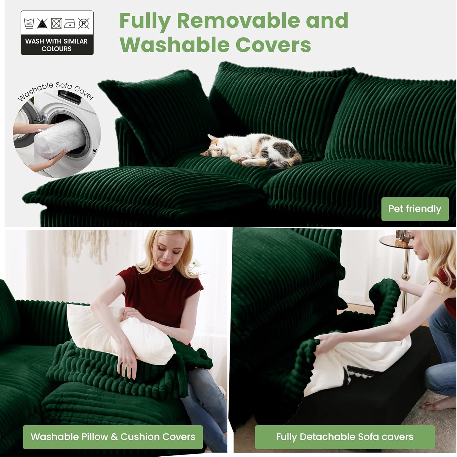 Modern Modular Sectional Sofa, Modern Slipcovered 3-Seat Sofa Couches, Comfy Cloud Sofa, Corduroy Deep Seat Sofa with Toss Pillows and Detachable Cover, for Living Room (Green, 120inch+2 Ottoman)