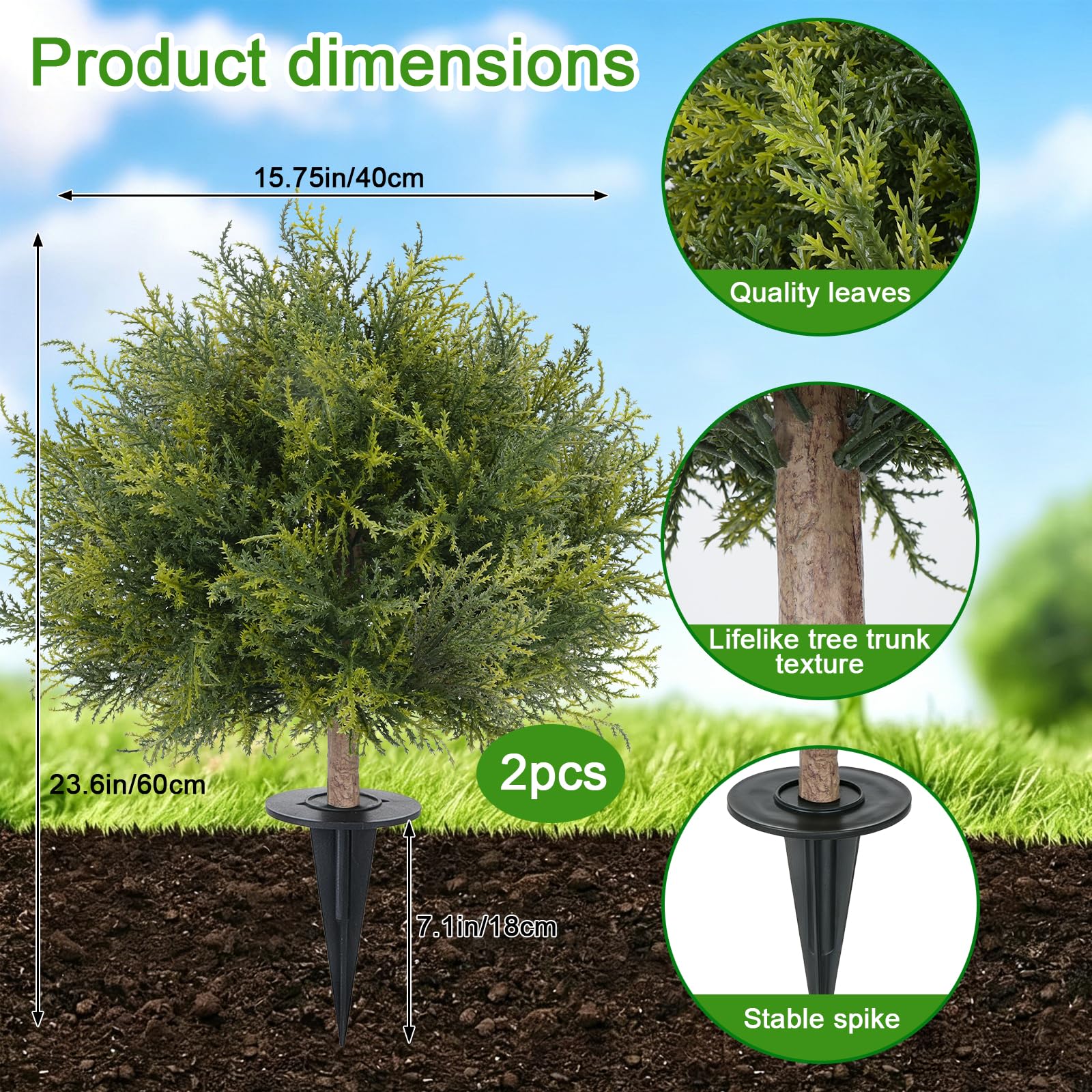 2 Pièces Cyprès Artificiel Extérieur 60 cm Boule de Buis Artificiel | Topiaire Artificielle avec Piquet Ø40 cm Fausses Plantes Artificielles Anti UV Arbustes Artificiels Déco Jardin Porche Balcon