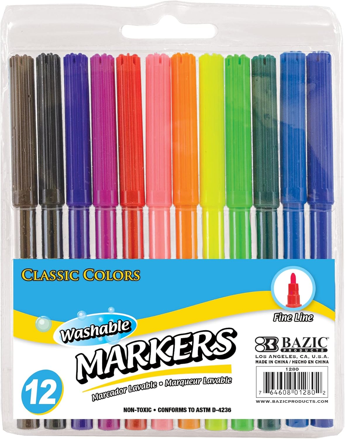 BAZIC washable markers set, fine line, 12 colors