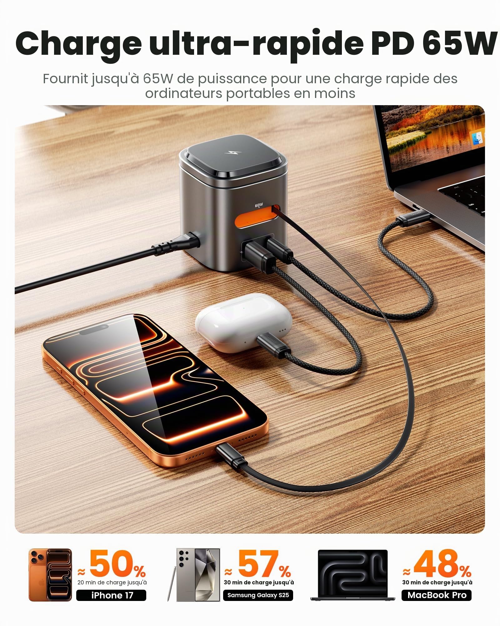 toocki Station Charge 80W GaN, 6 en 1 Chargeur avec Câble Rétractable USB-C | GaN USB-C et USB-A, PD Charge Rapide, Design Tout-en-Un Idéal Bureau/Maison/Voyage, pour iPhone 17/Galaxy S26/Watch/AirPods