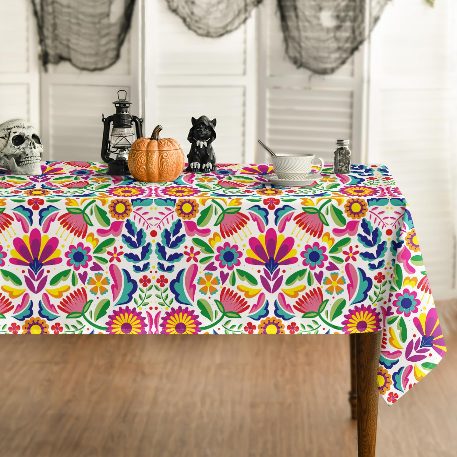 Horaldaily Mexico Tablecloth 60x84 Inch Rectangular, Halloween Cinco De Mayo Fiesta White Washable Seasonal Table Cover for Party Picnic Dinner Decor