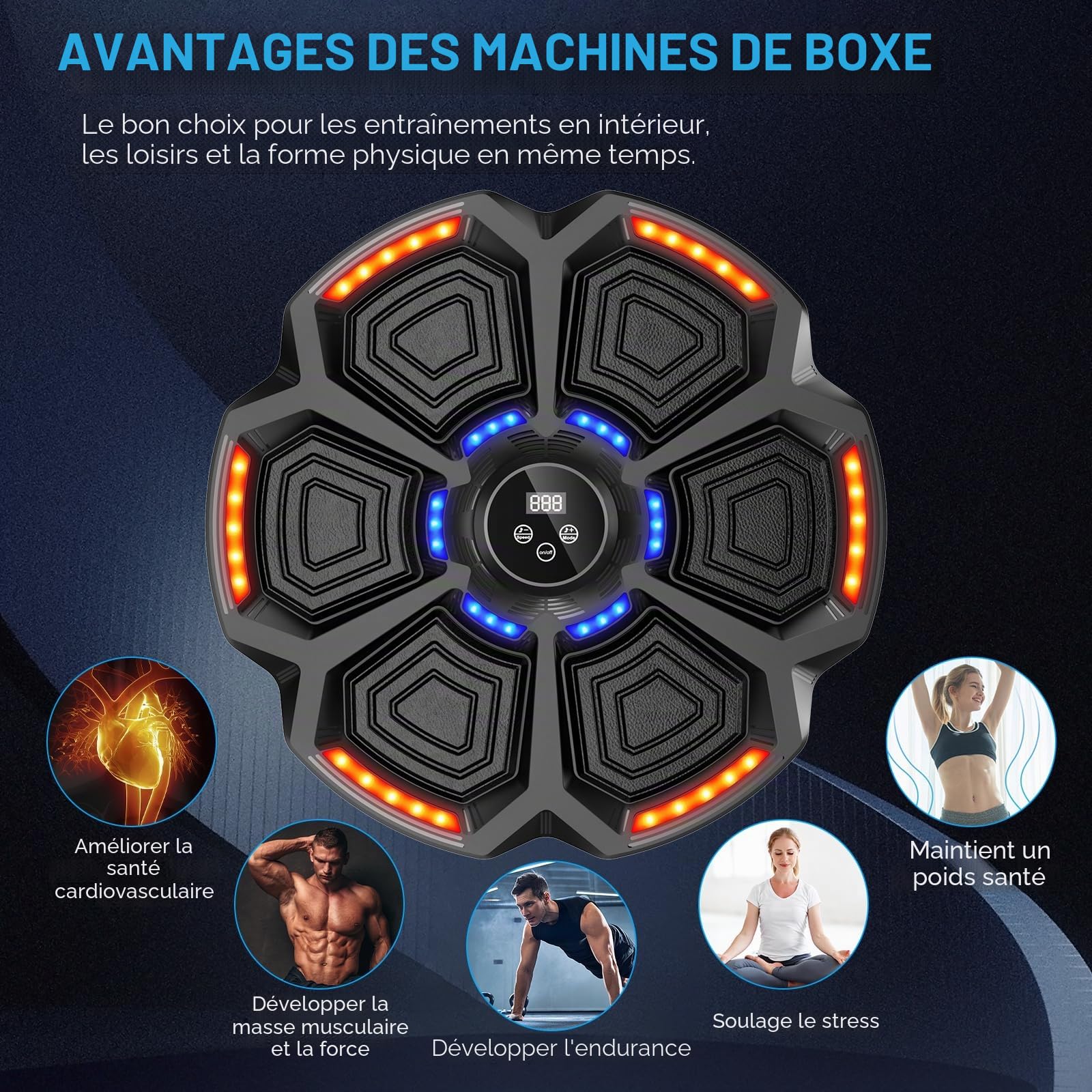 Machine de Boxe Musicale, Smart LED, Bluetooth, avec Gants de Boxe, Cible de Boxe Murale, 9 Modes de Vitesse et Mode de comptage pour Adultes et Enfants