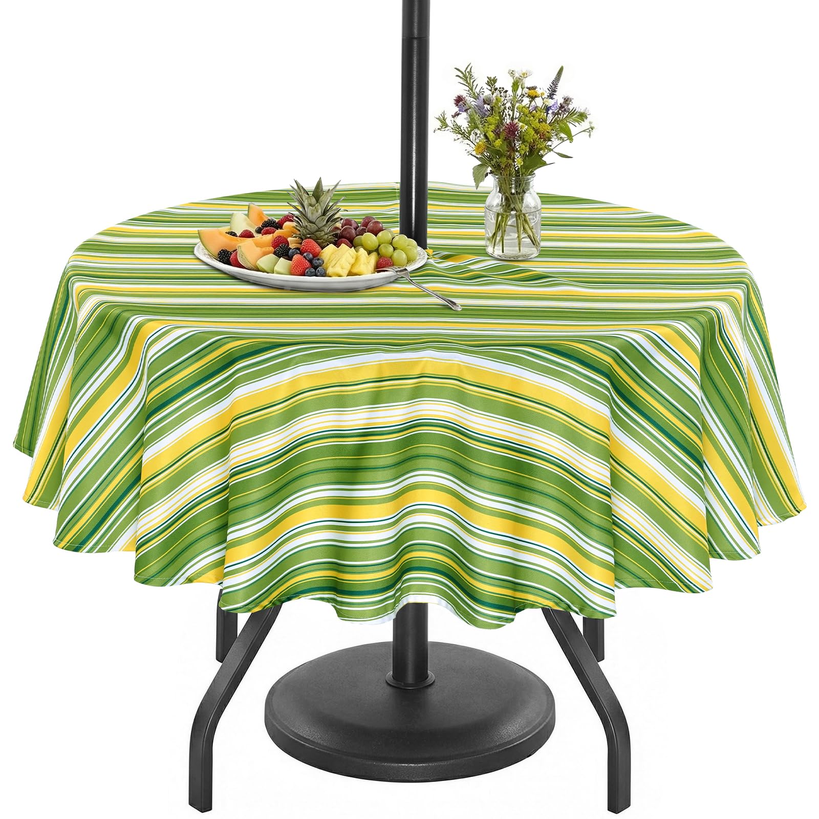Eternal Beauty Green & Yellow 152Cm Round Stripe Indoor Outdoor Splashproof Tablecloth With Umbrella Hole And Zipper For Patio Garden Party And Bbq（60 Inch）
