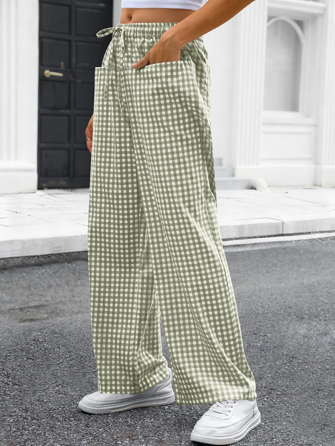 ANRABESS Womens Striped Gingham Pants 2026 Pajama Drawstring Wide Leg Lounge Plaid Pants Cute Casual Trousers with Pockets - Image 4