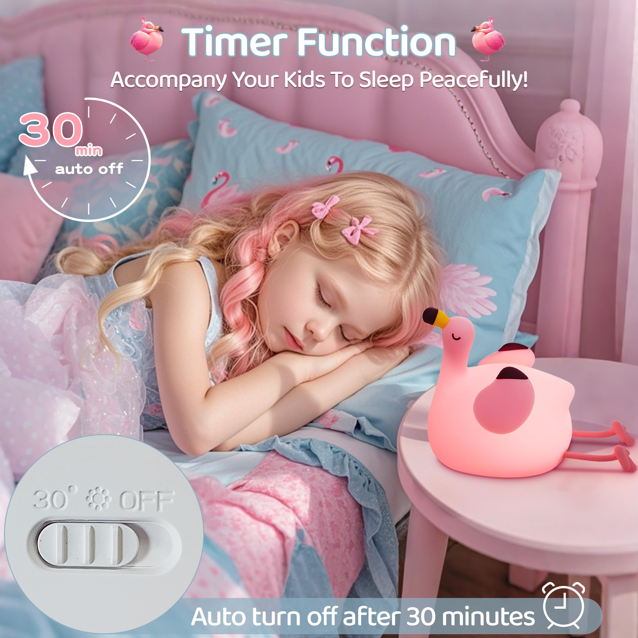 FAMIDUO Lampada Fenicottero Luce Notturna Neonato, Lampada Silicone Morbida, 3 Livelli di Luce Dimmerabile/Controllo Touch/Ricaricabile USB, Luce Notturna Bambini, Regalo per Bambina