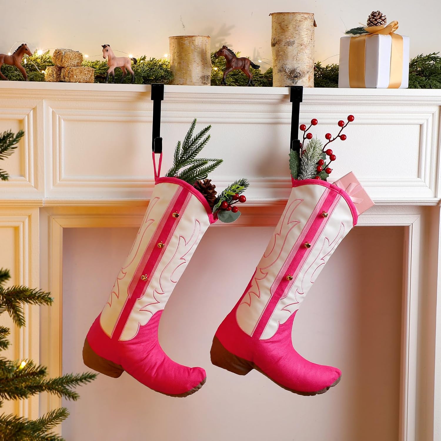 Soulchen 2 Pcs Pink Cowboy Boot Stocking 20 Inches Christmas Western Stocking Cowgirl Hanging Decor for Christmas Stuffers