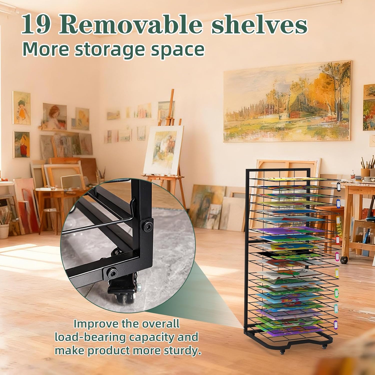 Art Drying Rack for Classroom,Paint Drying Rack On Wheels with 19 Removable Shelves,Study Metal Art Storage Rack for Art Studios,Schools