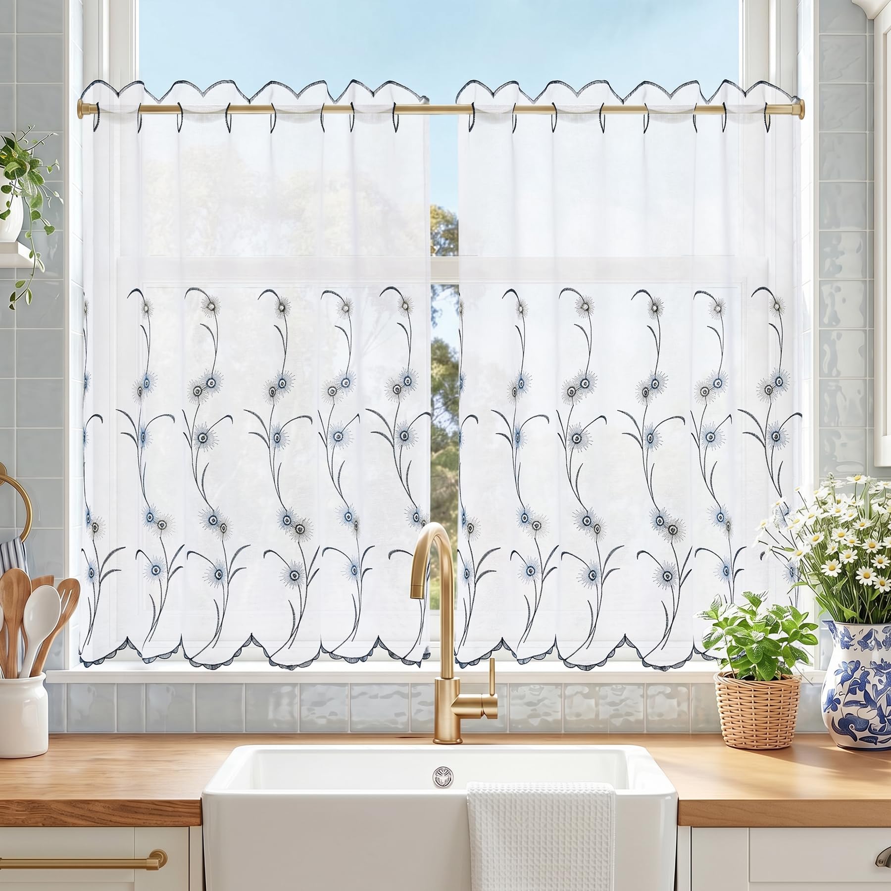 TOPICK Scheibengardine Küche lichtdurchlässig Bistrogardine Wohnzimmer modern Küchengardinen Gardine Schals Fensterschal Kurzgardine für Küche Küchenfenster Landhausstil