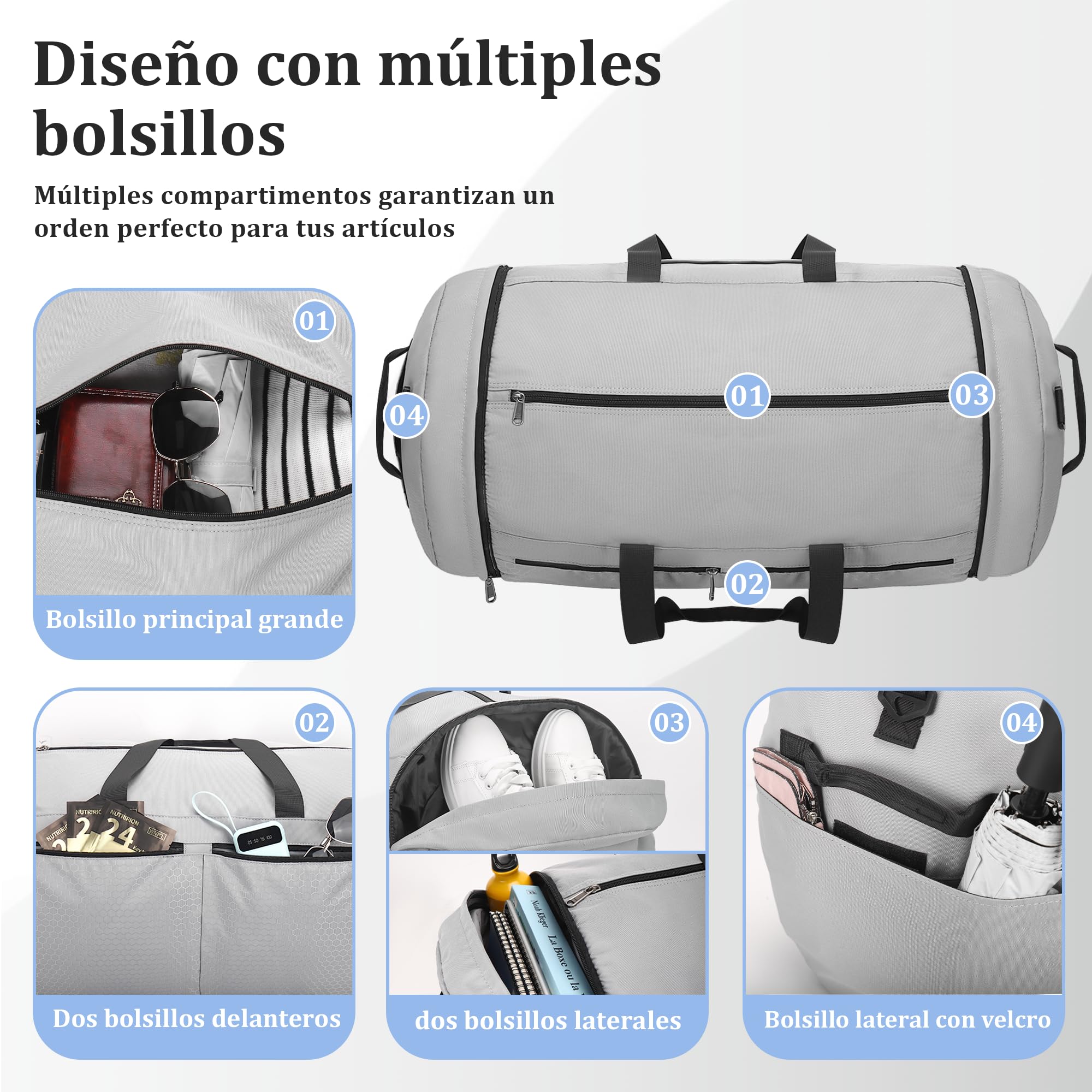 Bolsa de Viaje 120L Ligera y Plegable, Gran Capacidad, Gris Impermeable | Con Compartimento Zapatos Ventilado, Múltiples Bolsillos Portátil para Hombre y Mujer, Ideal para Gimnasio y Viaje