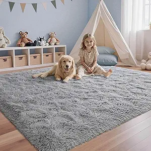 Grey Rugs for Bedroom Fluffy 4x6 ft Living Room Rug Non-Slip Area Rugs Shag Carpet for Nursery Kids Play Room Dorm Office Indoor Modern Plush Carpets Boys Light Gray