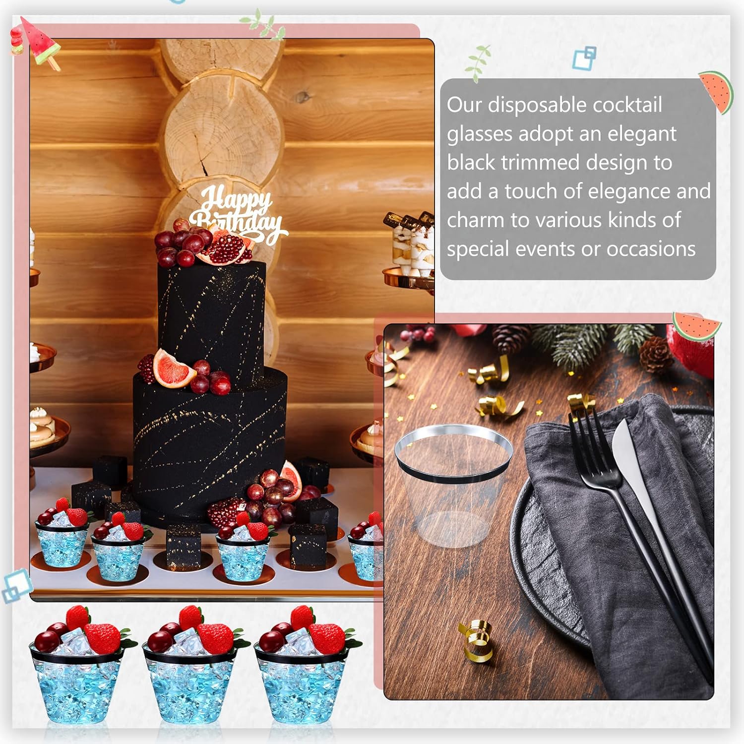 Patelai 200 Pcs Rimmed Plastic Cups 9 oz Disposable Wine Glasses Heavy Duty Plastic Clear Cocktail Cups for Party Wedding Birthday Bridal Baby Shower Holiday Celebrations Supplies(Black)