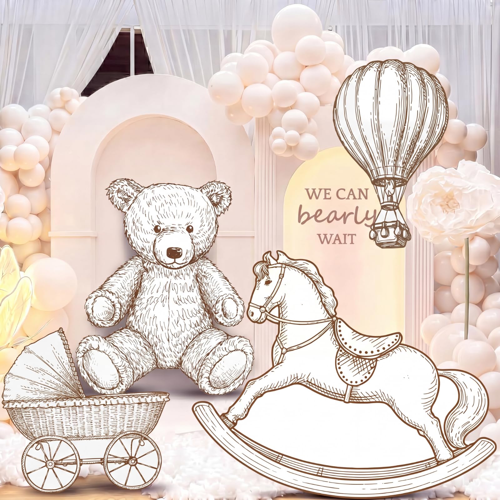 Photo 1 of Eaasty 4 Pcs Vintage Bear Baby Shower Decorations We Can Bearly Wait Baby Shower Decor Brown Bears Birthday Cutout Neutral Boho Party Stand Large PP Plastic Bear Rocking Horse Hot Air Balloon Cradle