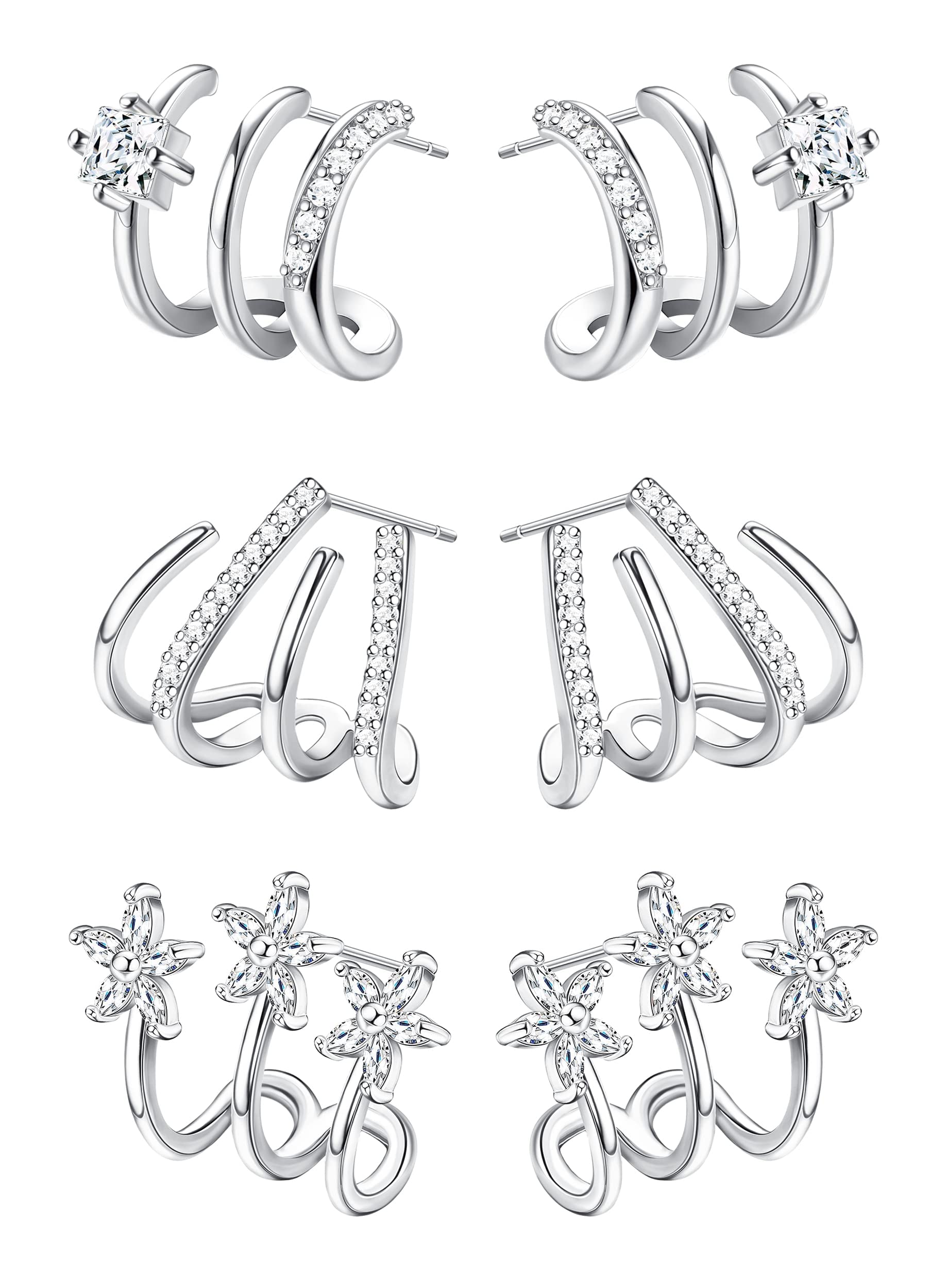 CASSIECAPendientes Garra Plata de ley 925 para Mujer Flor Zircon Aguja Puños Oreja Pendientes Botón Minimalista Huggie Ear Wrap Piercing Pendientes 14K Chapado en Oro/Plata