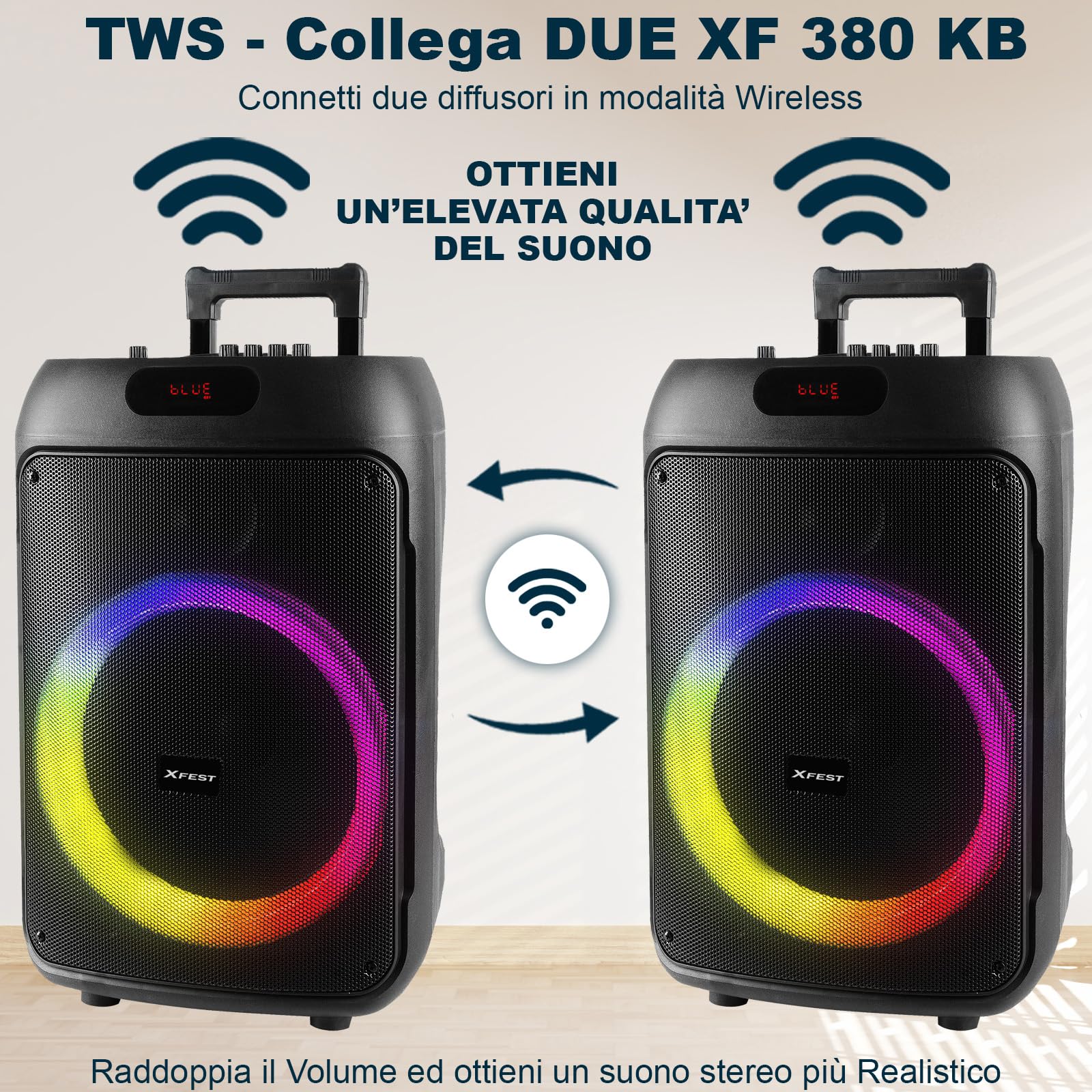 Trevi XFest XF 380 KB Speaker Wireless 50W, Altoparlante Portatile con Microfono Con Cavo Incluso, Ingressi USB, Micro SD, AUX-IN, Funzione TWS, Karaoke Party Speaker con Batteria Integrata