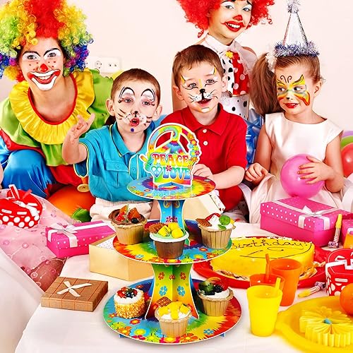 Miniatura 5 de Decoraciones de fiesta temática hippie de 3 niveles de los años 60, soporte para cupcakes de los años 60, decoración de letrero de la paz, soporte