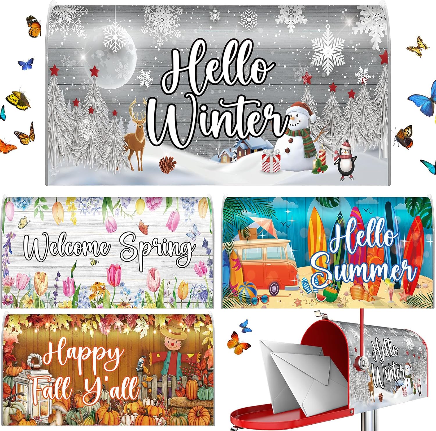 4 Pcs Mailbox Covers Hello Spring Summer Autumn Winter Magnetic Mailbox Covers Wraps for Holiday Fall Christmas Outdoor Garden Yard Home Magnetic Standard Size 18 x 21 Inch