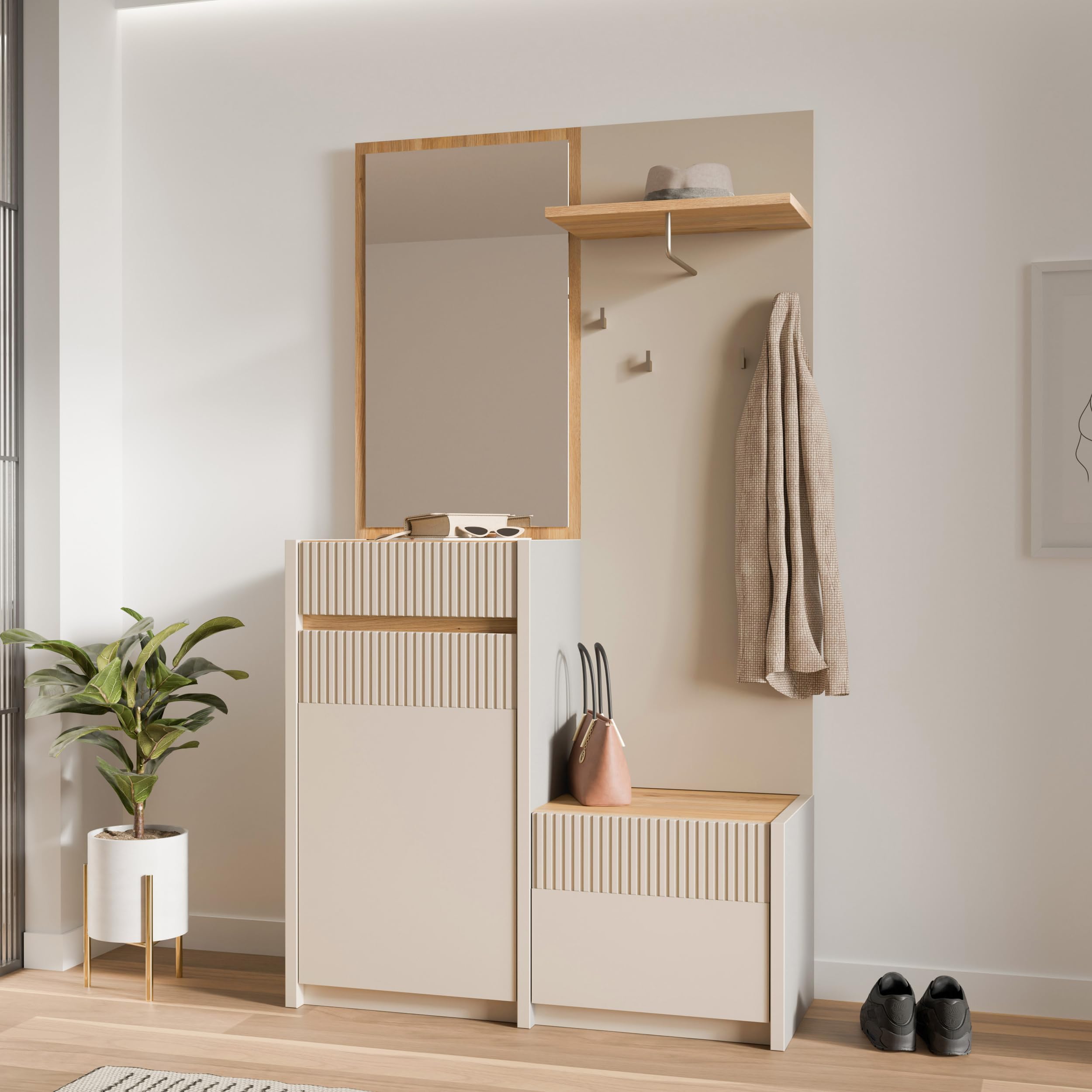Forte Oak SQUERE Garderobe 100 110, Elegante Garderobe mit Spiegel, Kleiderstange und Aufbewahrung, Holzwerkstoff, Mauvella Eiche Holzdekor/Sand, 108,4 cm breit x 195,9 cm hoch x 41,7 cm tief