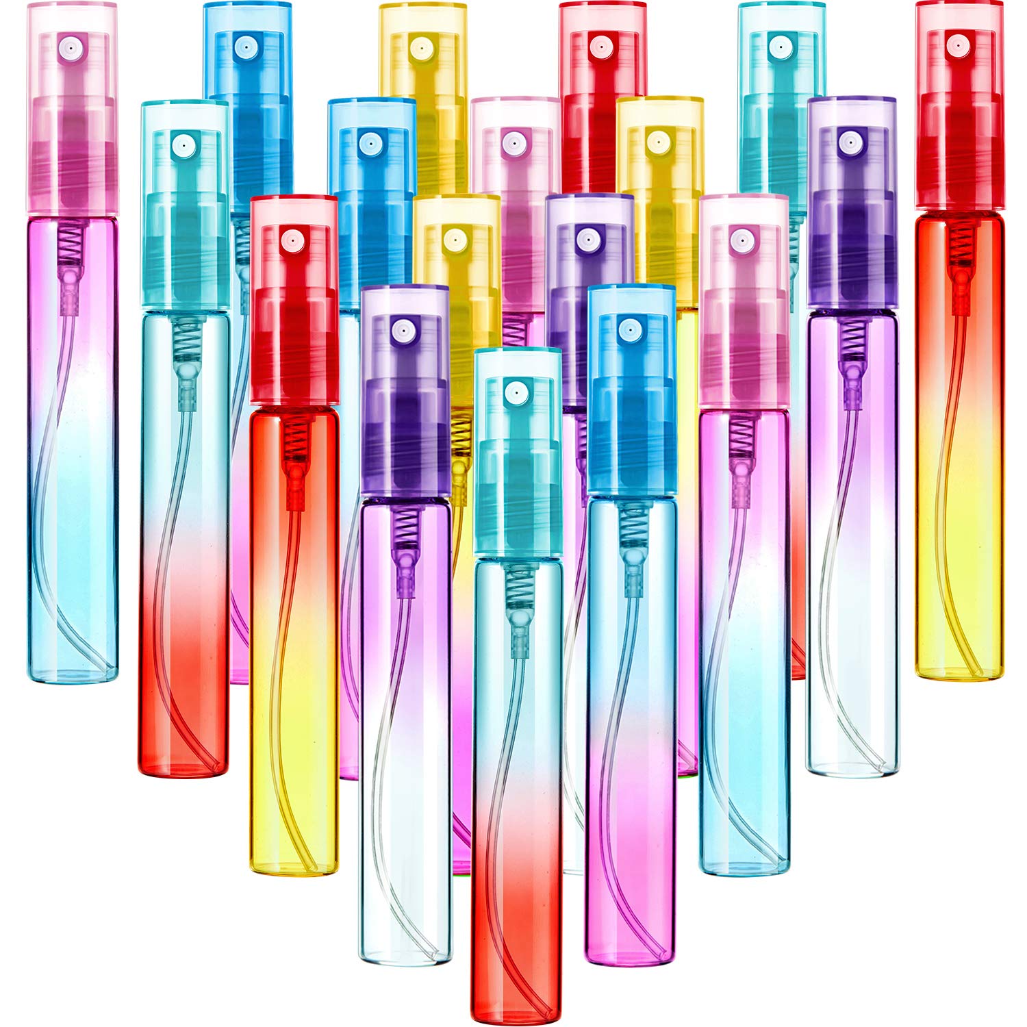 18 Pieces Mini Perfume Spray Bottles 8 ml Colorful Glass Bottles Portable Travel Mister Refillable Empty Container for Cleaning, Travel, Essential Oils, Perfume, 6 Gradient Colors