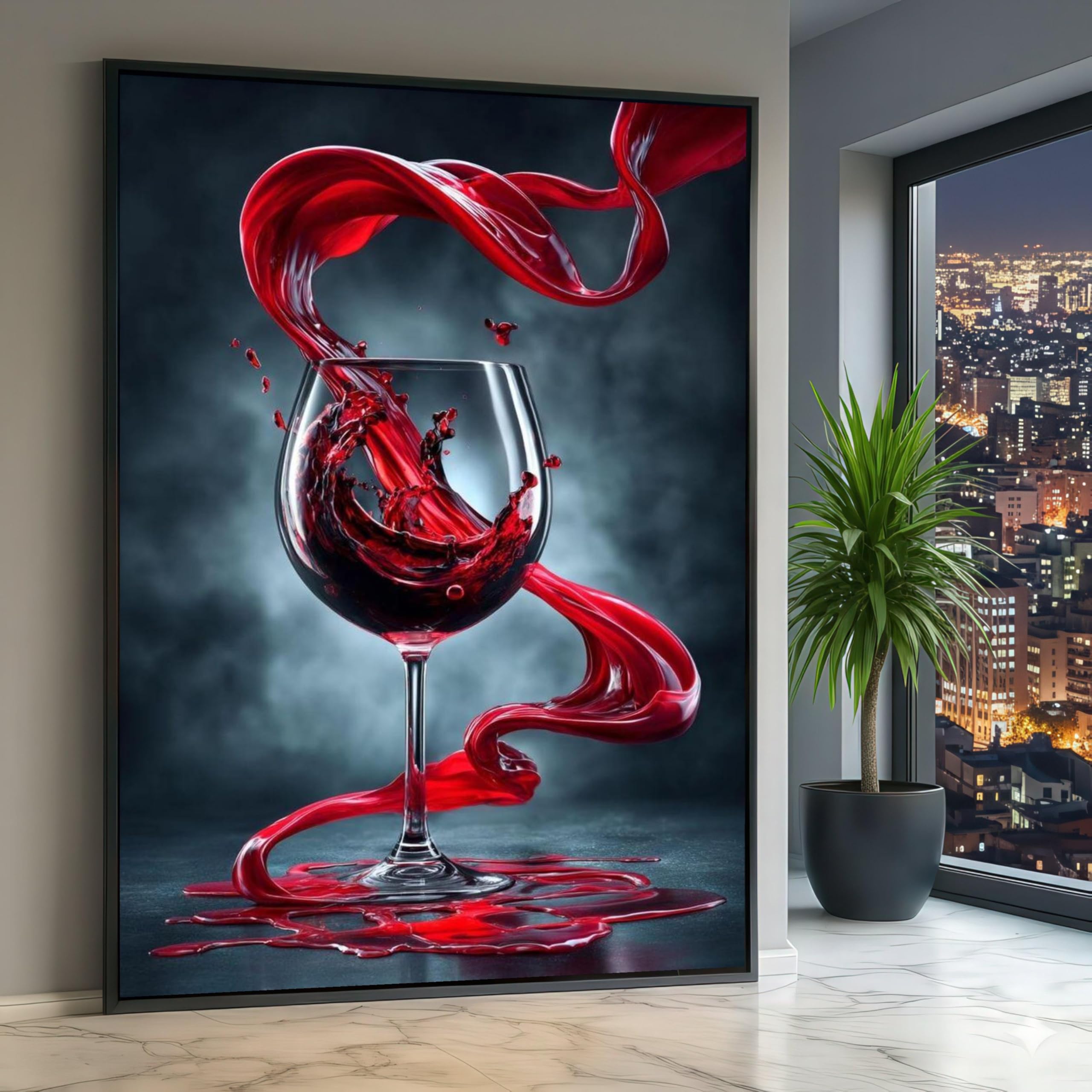 Cuadro al óleo con salpicaduras de vino tinto sobre lienzo, impresión abstracta de copa de vino sobre lienzo, pintura al óleo para sala de estar, decoración de pared del hogar (70x100cm/marco interno)