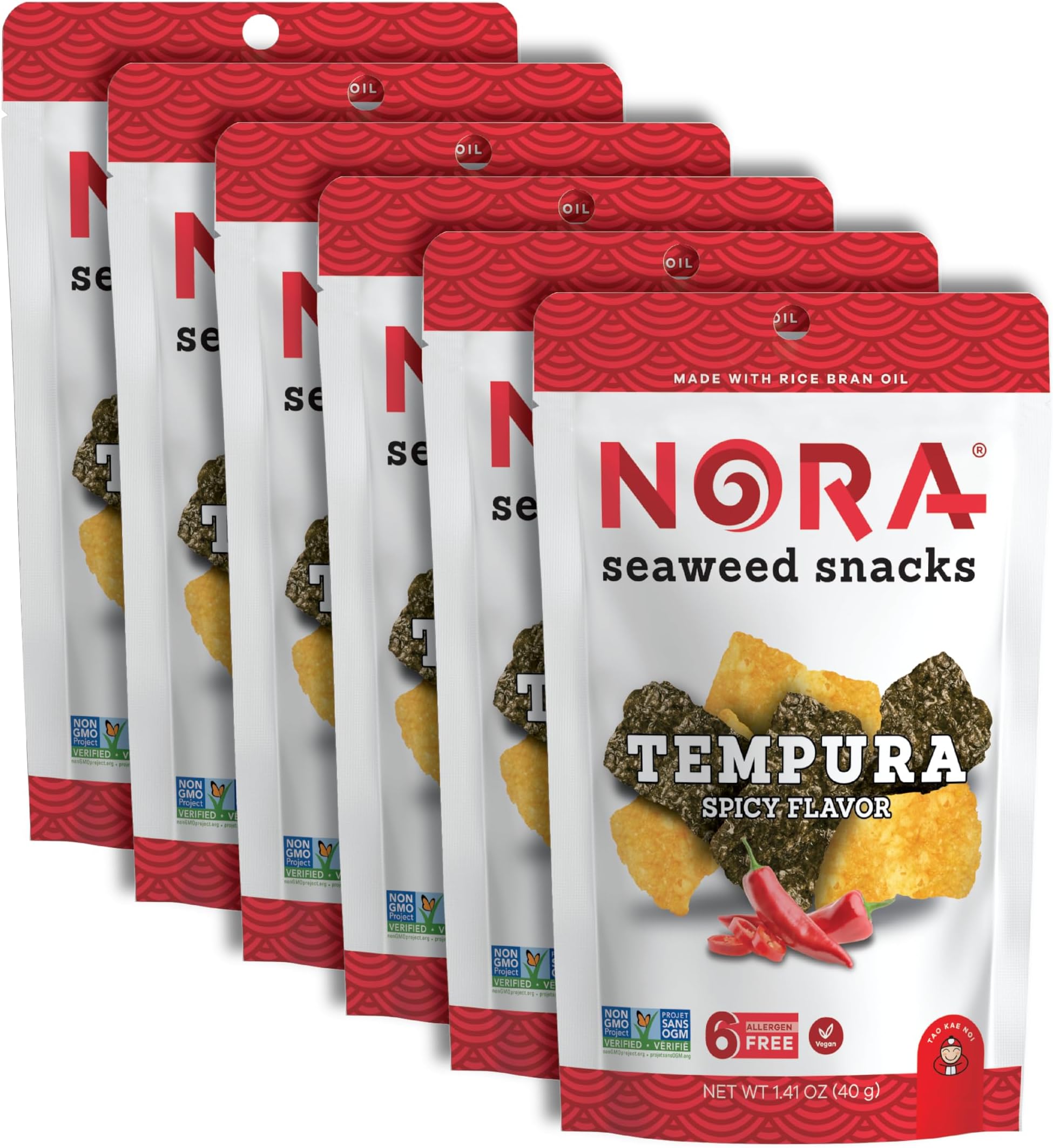 Spicy Tempura Seaweed Snacks by Nora, Thick Nori Sheets Snack Strips, Low-Carb Healthy Snacks for Adults, Asian Snacks, Vegan, Non-GMO, 6-Pack