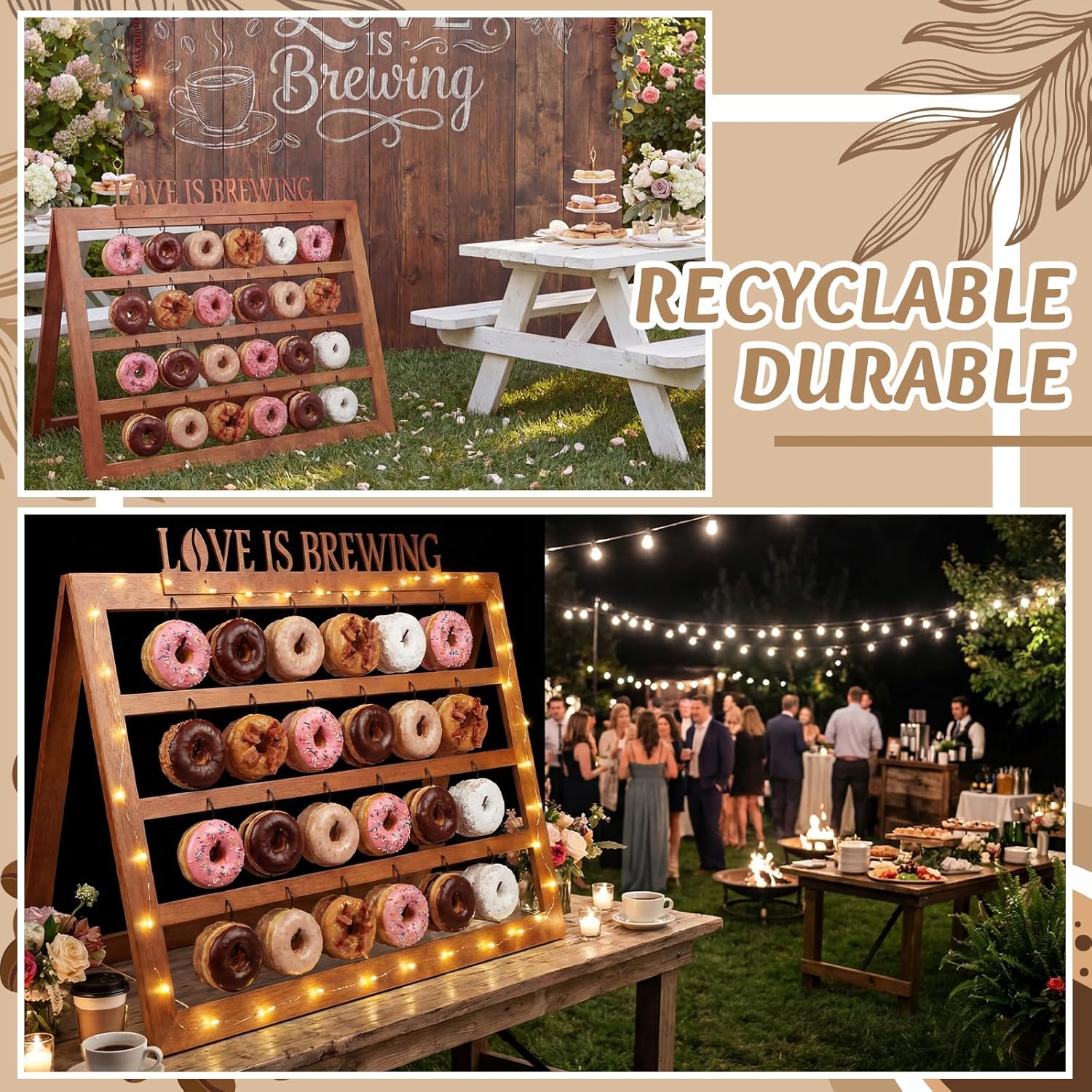 Love Is Brewing Bridal Shower Party Supplies Donuts Wall Display Stand Rustic Decor Holder for Party Events Birthday Baby Shower Wedding Holds 48 Donuts with Wooden Display Sign
