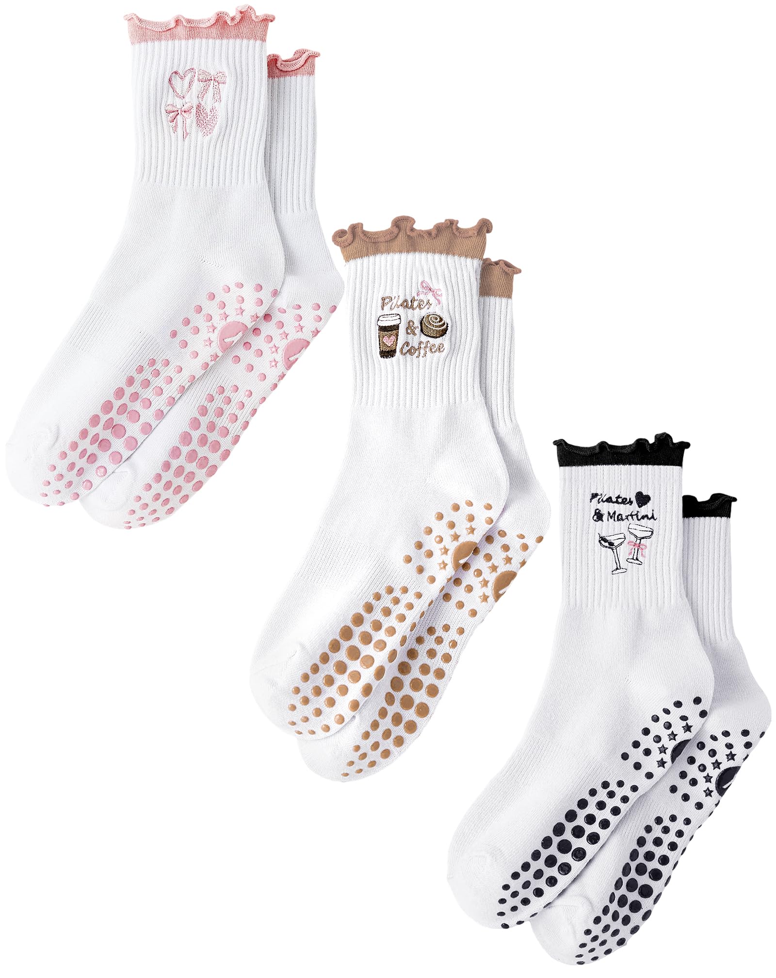 Yawlsow Cute Pilates Grip Socks for Women Ruffle Frilly Yoga Socks Non Slip Cotton Crew Grippy Sock for Barre Workout