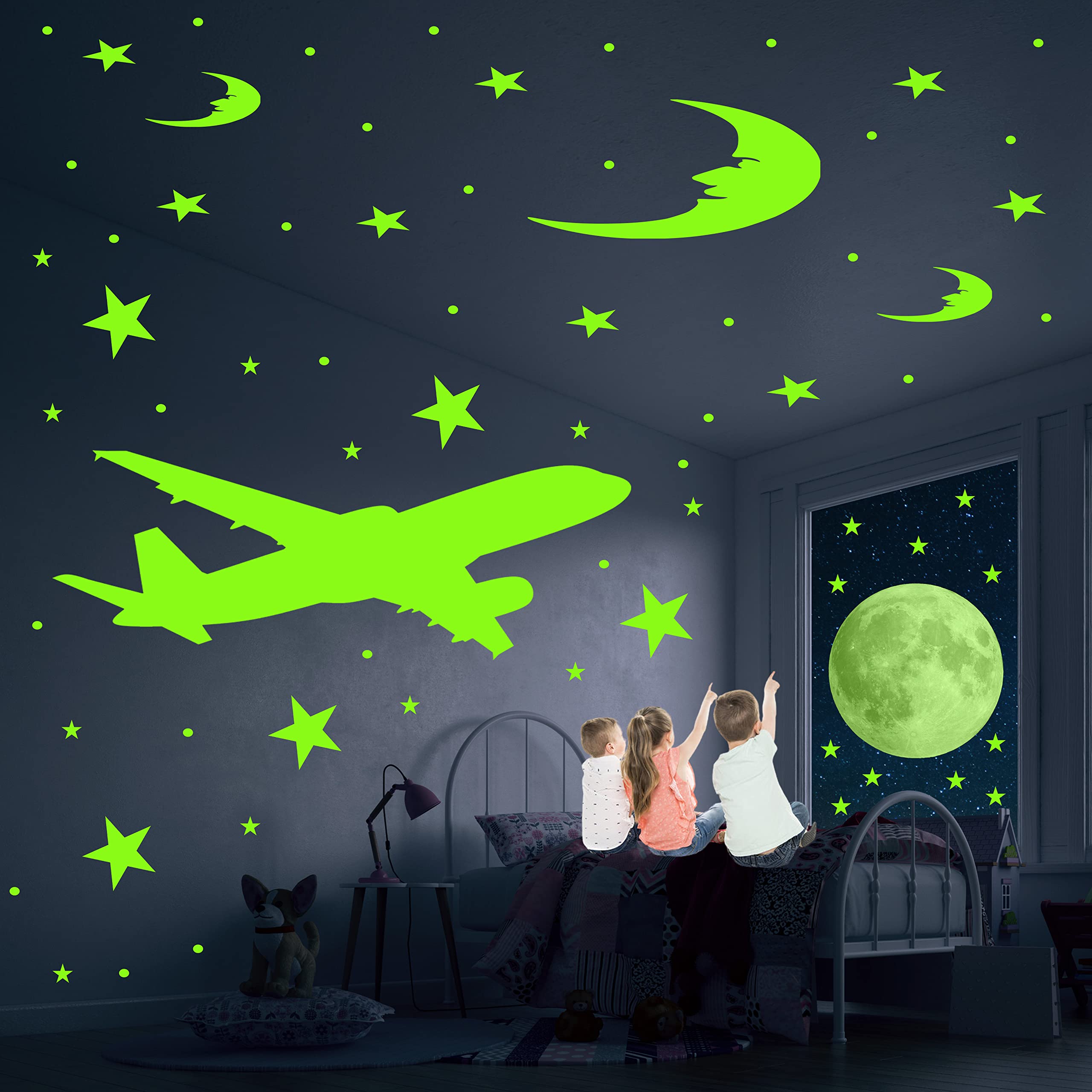 Ashamohar Glow in The Dark Stars for Ceiling Stickers Including The Glow Stars, Full Moon, Crescent Moon, Plane, Wall Decals Gift for Boys and Girls (Pack of 2)