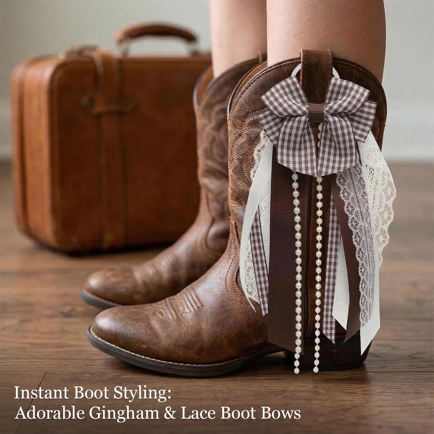 Holiday Bow Ribbons for Holiday Birthday Accessory Decor, 2 Pieces Spring Boot Charms for Women, Brown Plaid Cowboy Boot Decorations with Layered Ribbon Bows