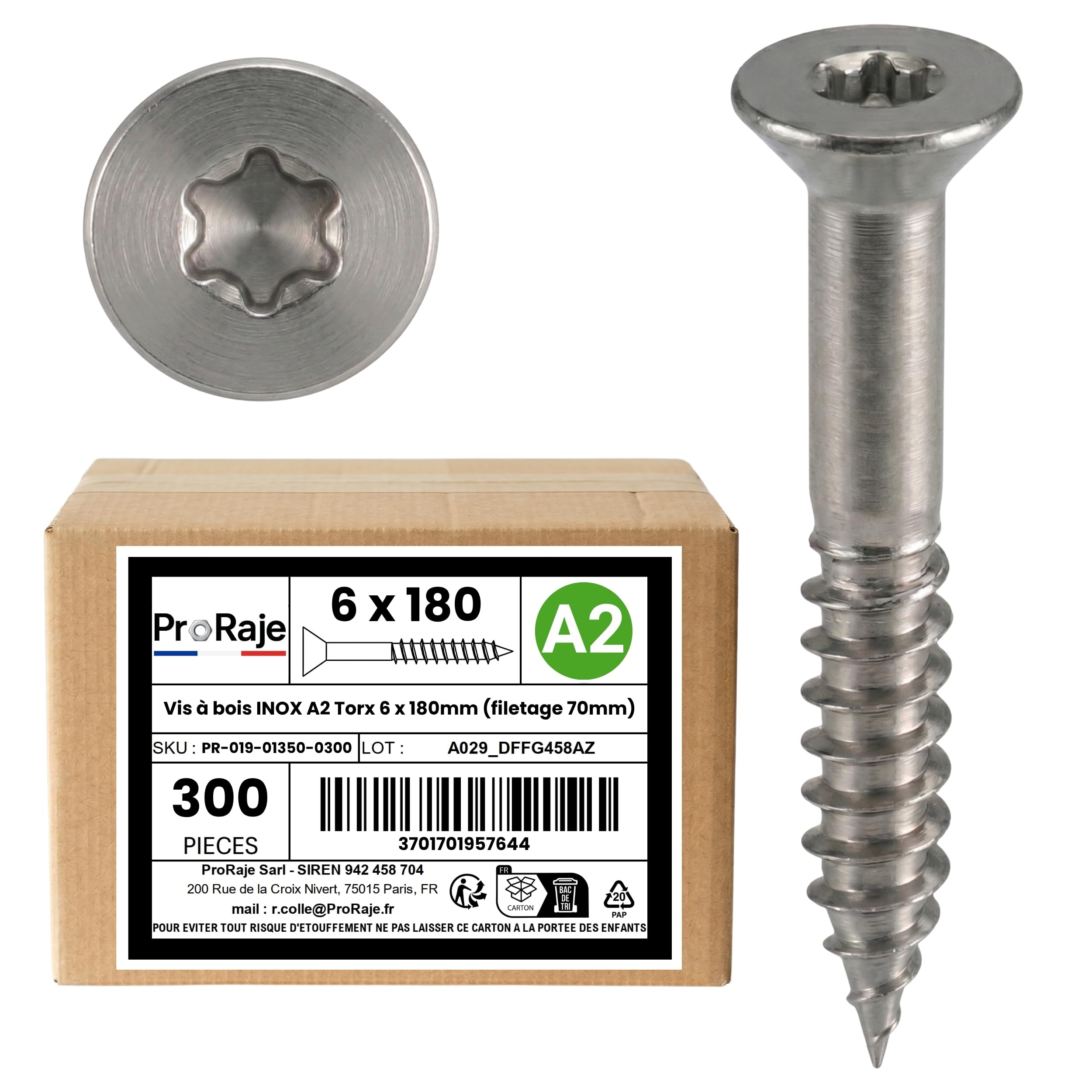Wood Screws Stainless Steel A2: 6 x 180 mm (Thread 70 mm) | Countersunk Head with Torx (TX) | Stainless Steel A2 (V2A / AISI 304) | Construction / Chipboard / Patio / etc: Pack of 300 ProRaje
