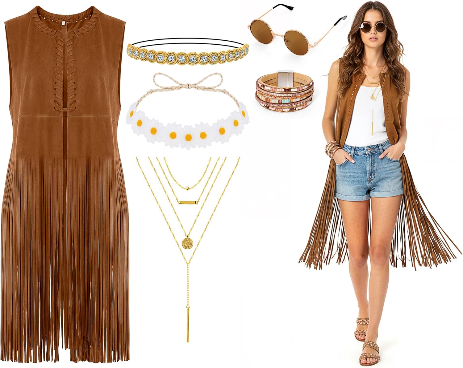 6 Pcs Bohemian Fringe Outfit Set with Retro Sunglasses Jewelry Rhinestone Headband Daisy Crown Festival Wear