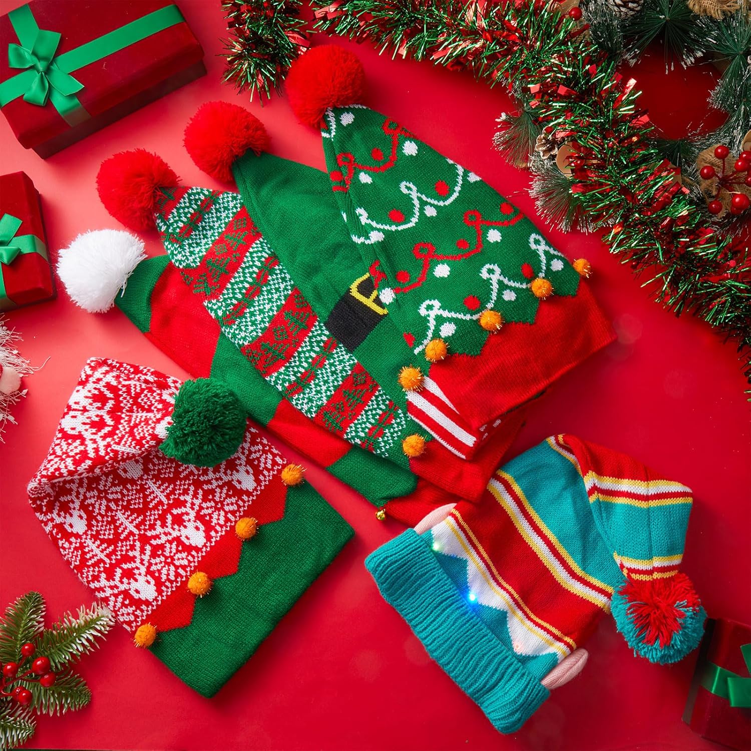 Funtery 6 Pcs Christmas Knitted Elf Hats Bulk Crochet Santa Hats Adults Holiday Beanies for Women Men Family - Image 4