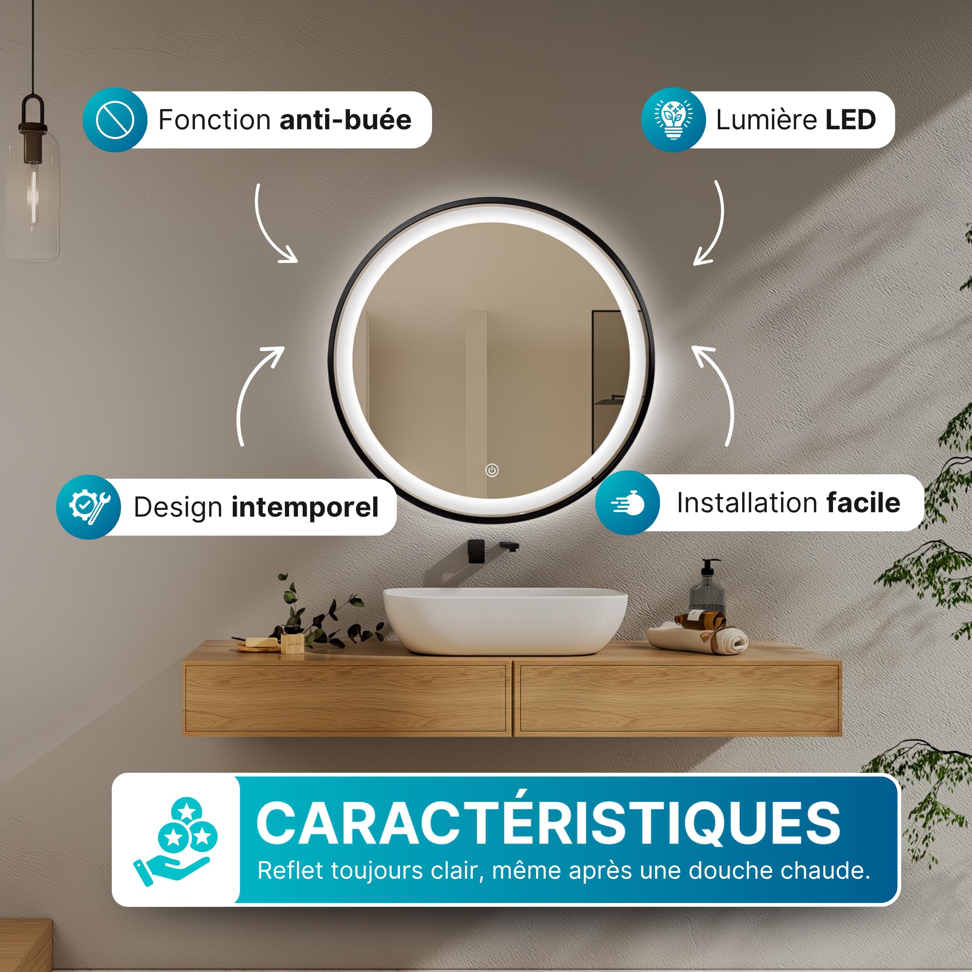 Miroir LED Rond Ø60 cm avec Cadre Aluminium Noir Mat – Éclairage Frontal Dimmable 6000K Blanc Naturel – Fonction Anti-Buée, Prise EU Incluse, Installation Facile, Design Moderne Salle de Bain