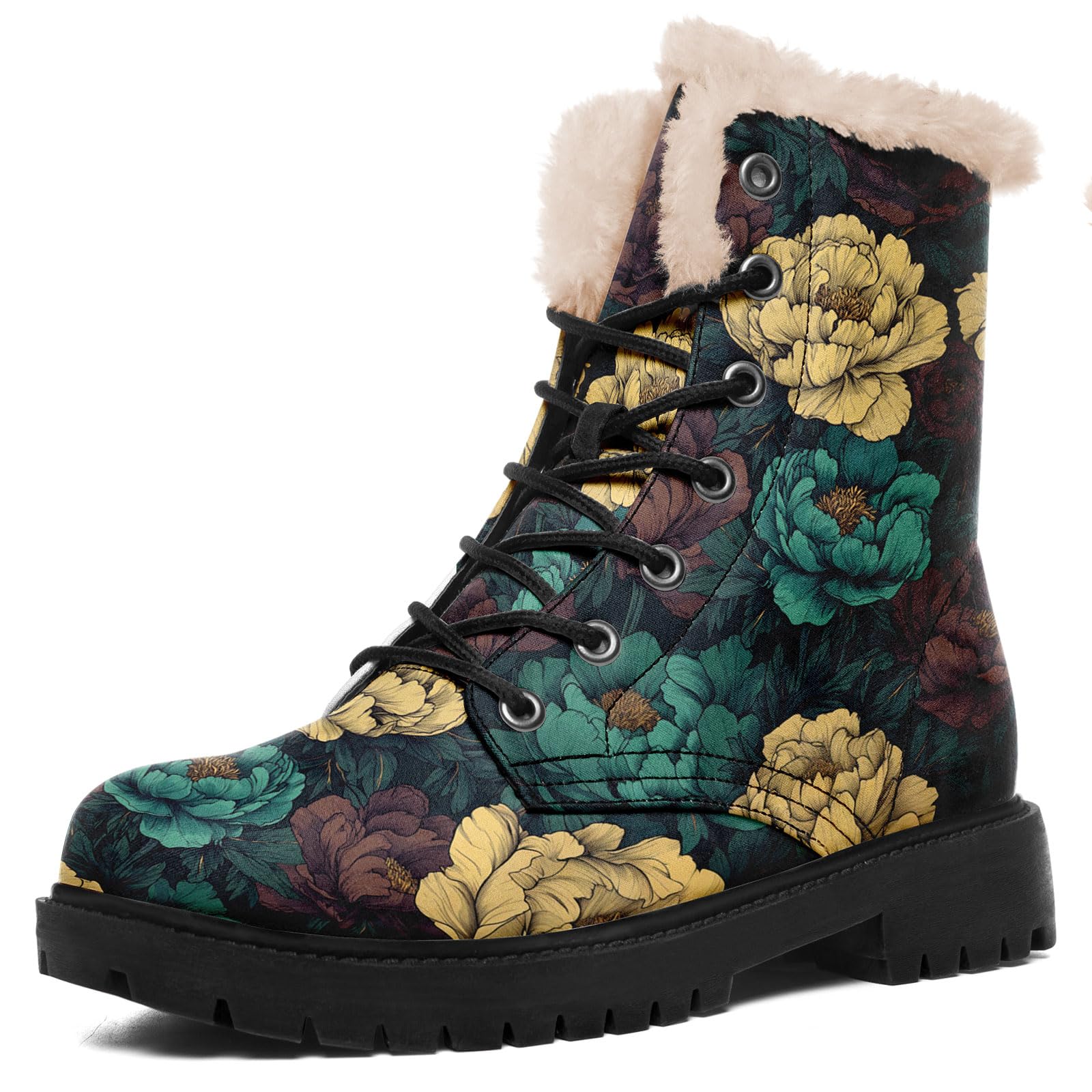 Retro Floral Winter Boots for Women Soft Fleece Lining Vintage Flower Print Lace-Up Combat Boots Platform Booties