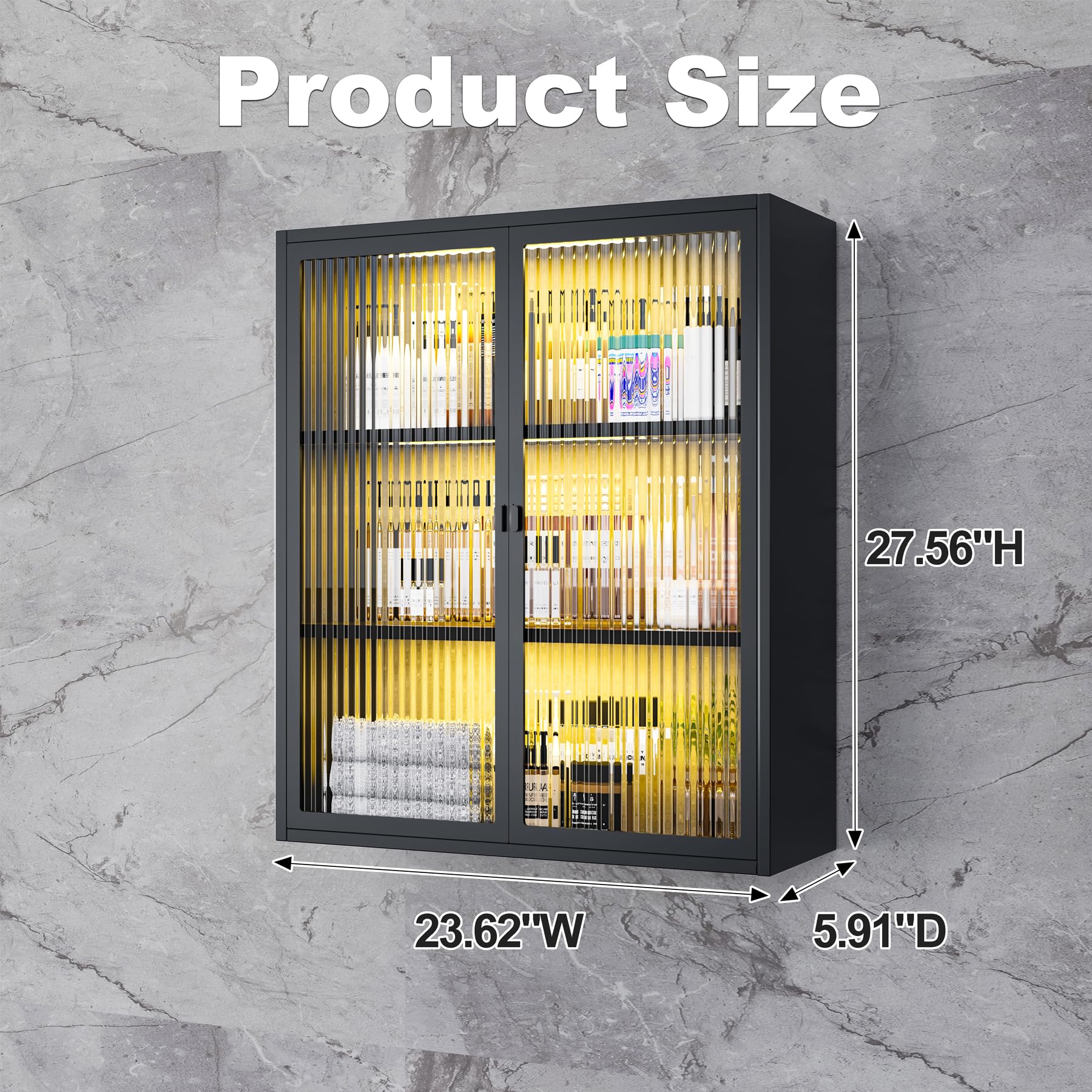 Bathroom Wall Cabinet,Metal Medicine Cabinet with Fluted Glass Doors,Wall Mounted Cabinet Over The Toilet,Black Small Cupboard with Light (Black)