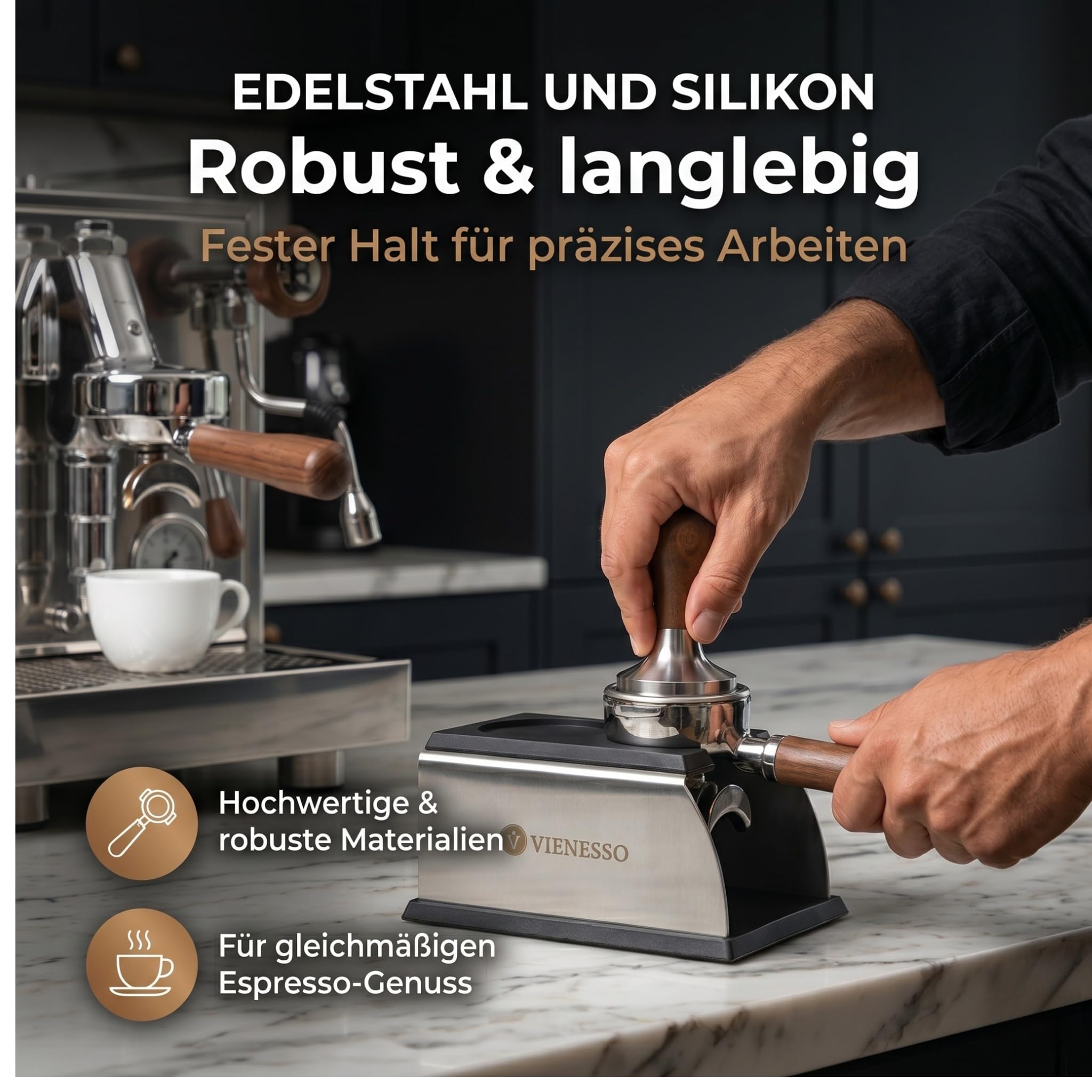 Erstklassige Tamperstation aus Edelstahl und Silikon - die perfekte Tamping-Station für alle Größen, Barista-Zubehör für jeden Profi, Andrückstation für Siebträger + E-Book! (14x7x6 cm)
