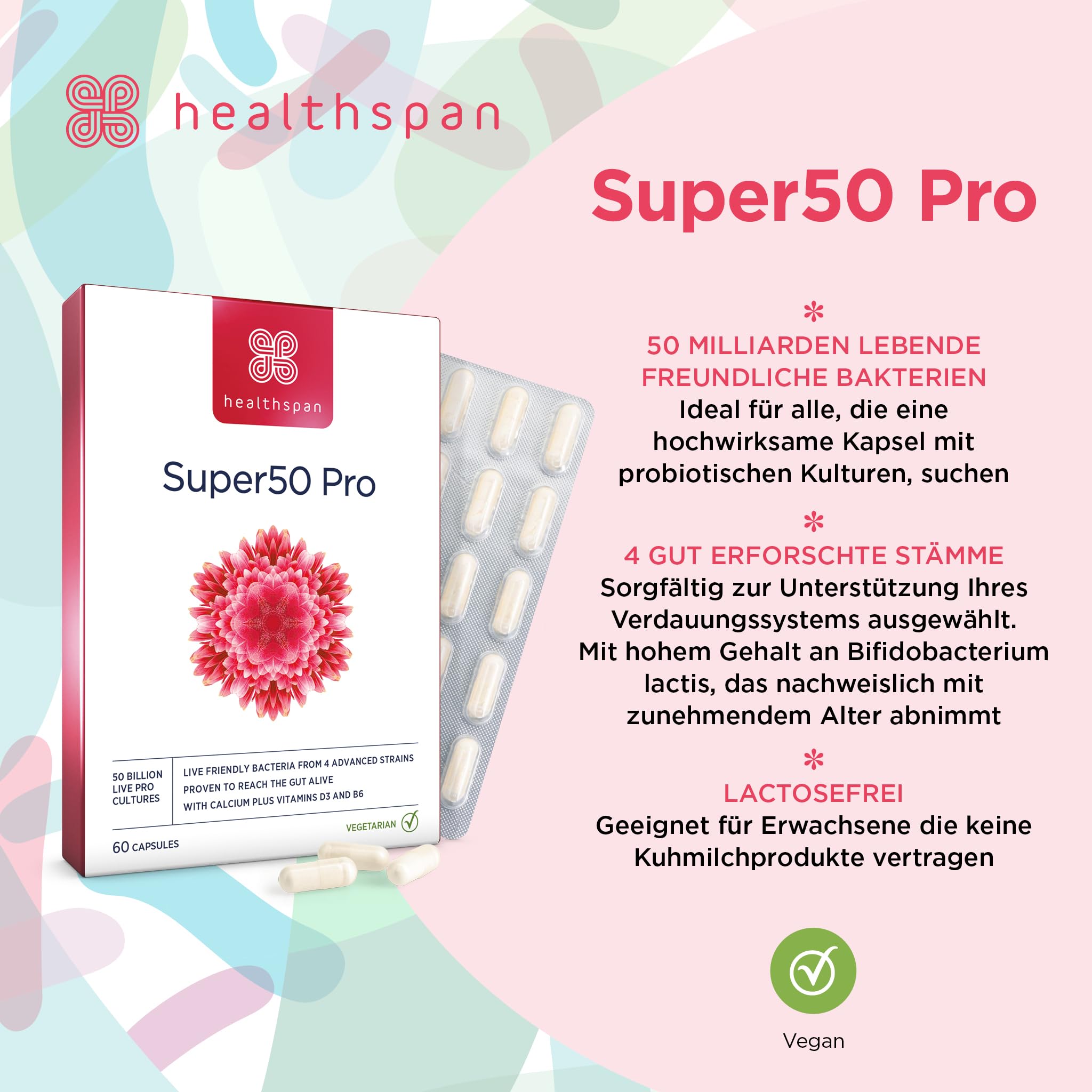 Healthspan Super50 Probiotikum | Unterstützung für eine gesunde Darmflora mit Vitamin D3 und Calcium | Reduziert Müdigkeit mit Vitamin B6 | Hochwertige Formel | Laktosefrei | Vegetarisch | 60 Kapseln