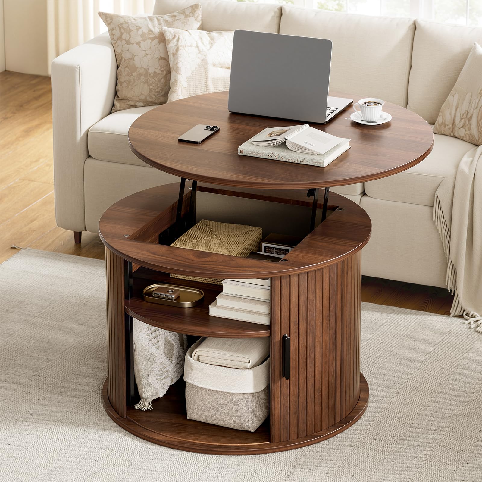 Mossora Walnut Round Lift Top Fluted Coffee Table with Storage, 68*68*50cm