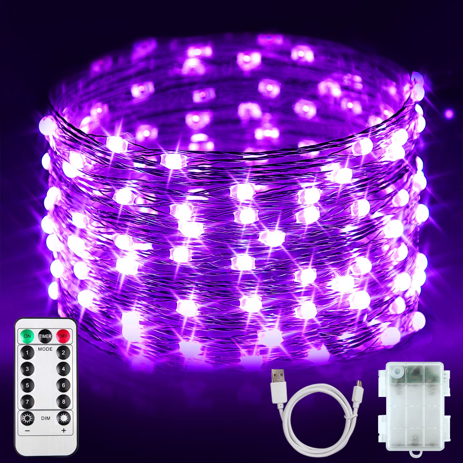 OMIKA Luces LED negras UV que funcionan con pilas, 5 m, 50 unidades, 2835 LED, 8 modos, luz negra flexible, cadena de luces con control remoto para fiesta fluorescente, pintura corporal, decoración de
