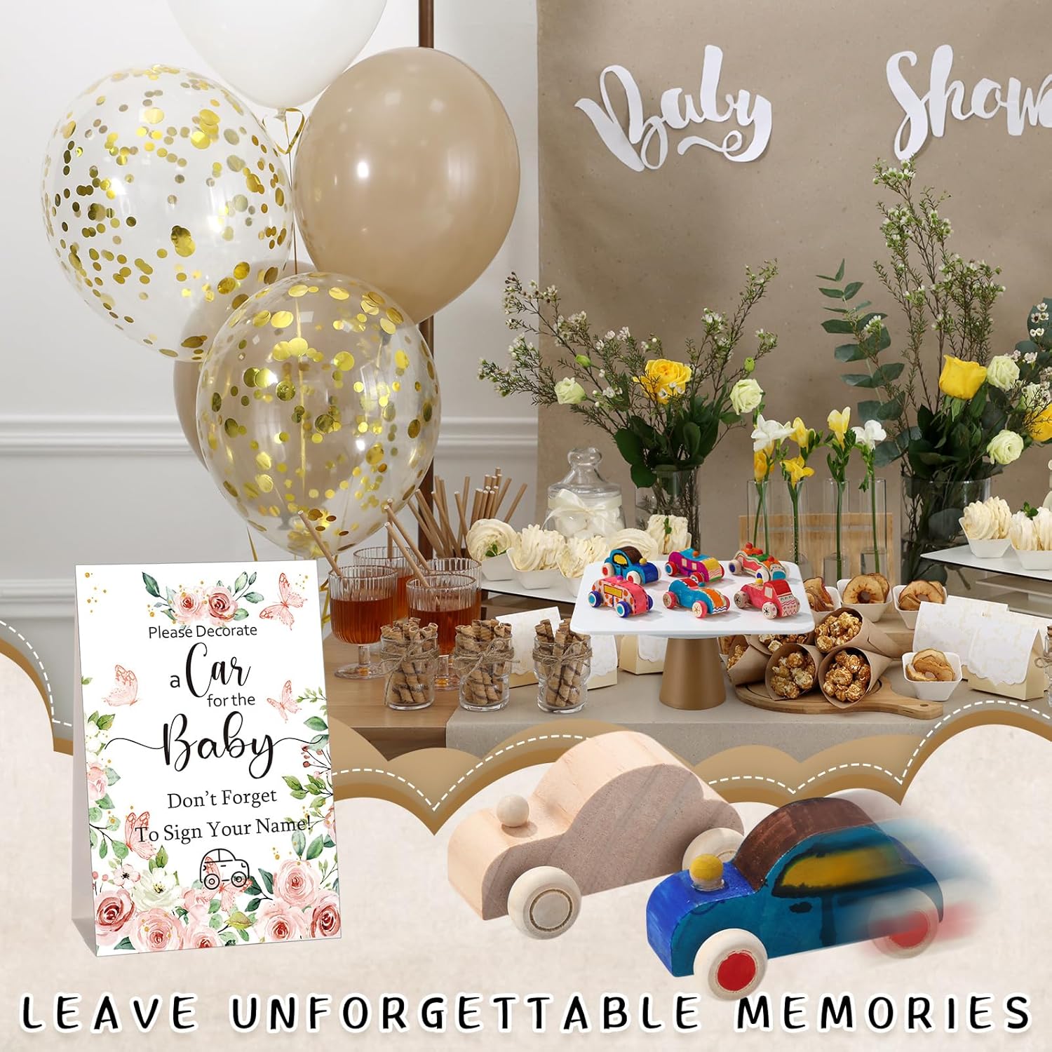 WinnerWhy Baby Shower Game Sign Kit Includes 32 Unfinished Wooden Car Blocks, 12 Markers, and a Prize Decoration Sign for Baby Shower(Boho)
