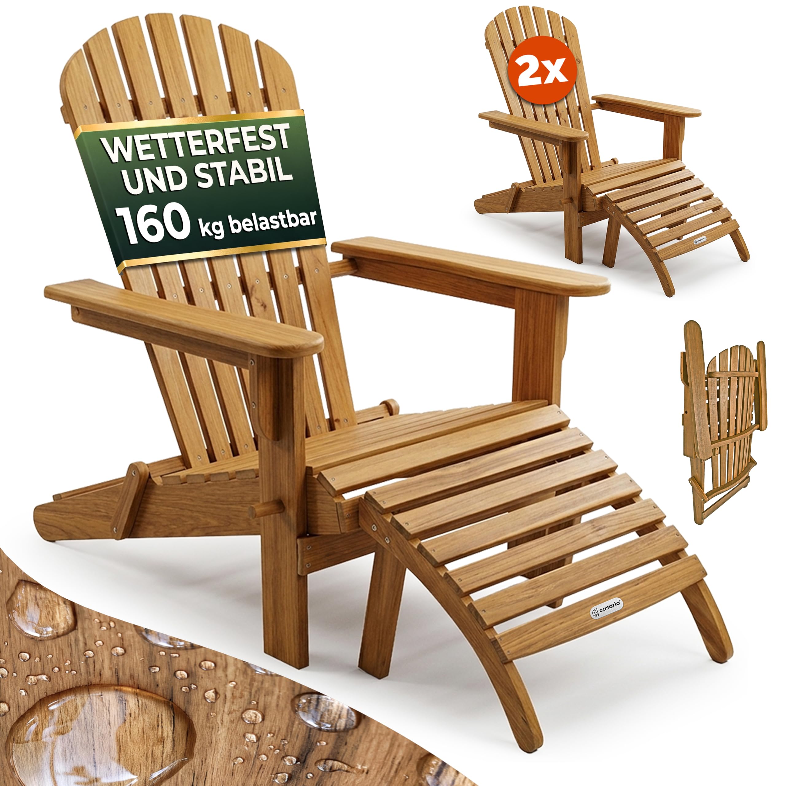 Casaria 2X Chaise Longue transat Adirondack en Bois d'acacia avec Repose-Pieds Bain de Soleil Sičge de Jardin Pliable Extérieur Balcon terrasse